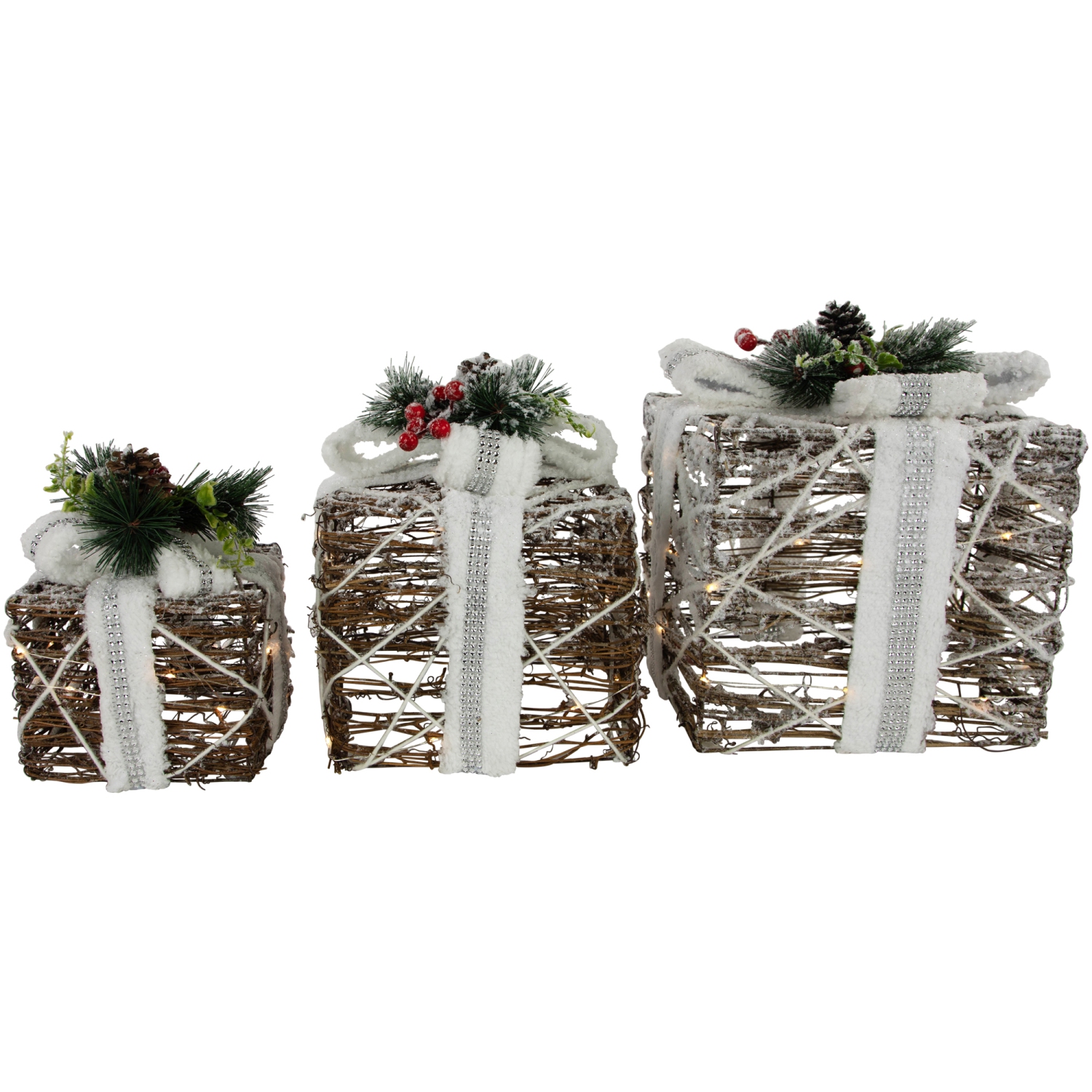 LED Lighted Gift Boxes with Pine and Berries Christmas Decorations - 9.75" - Set of 3
