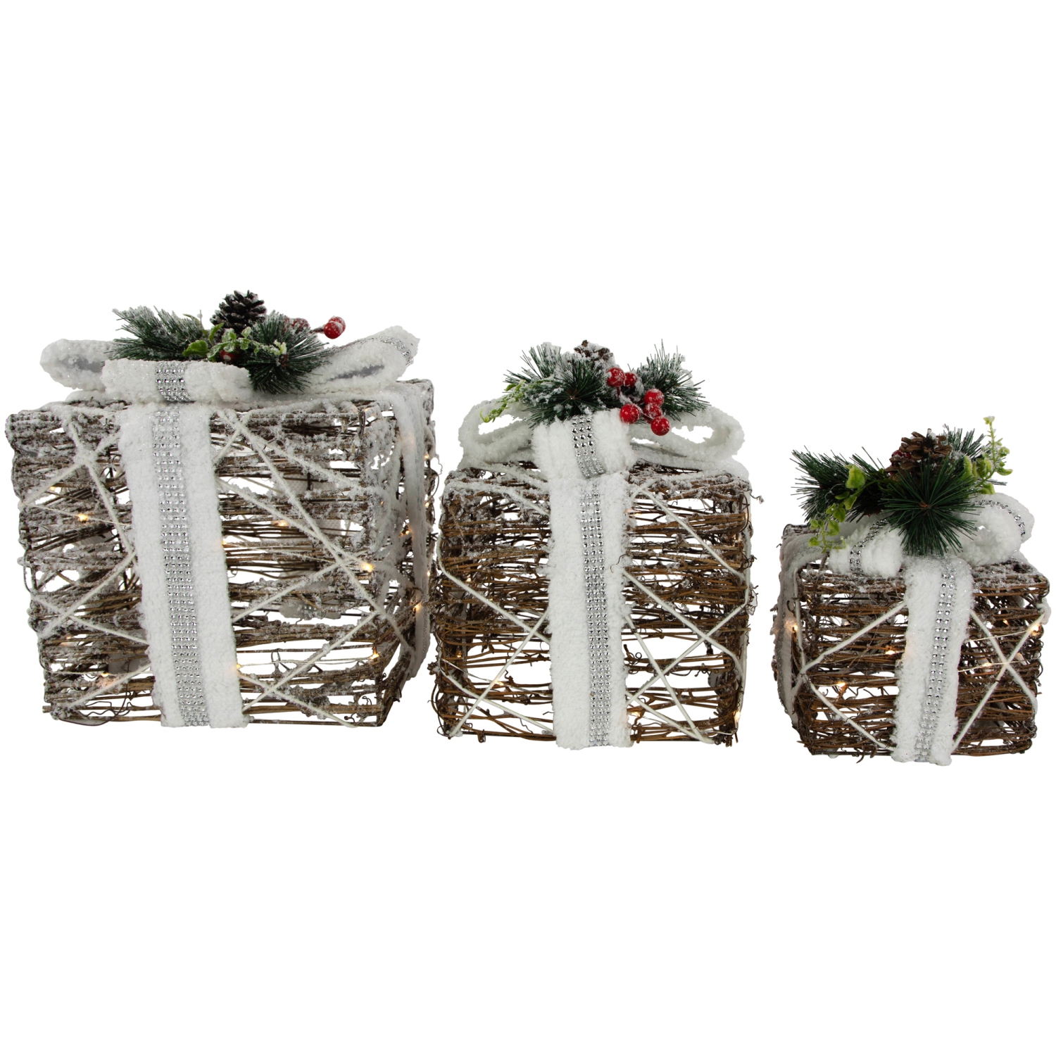 LED Lighted Gift Boxes with Pine and Berries Christmas Decorations - 9.75" - Set of 3