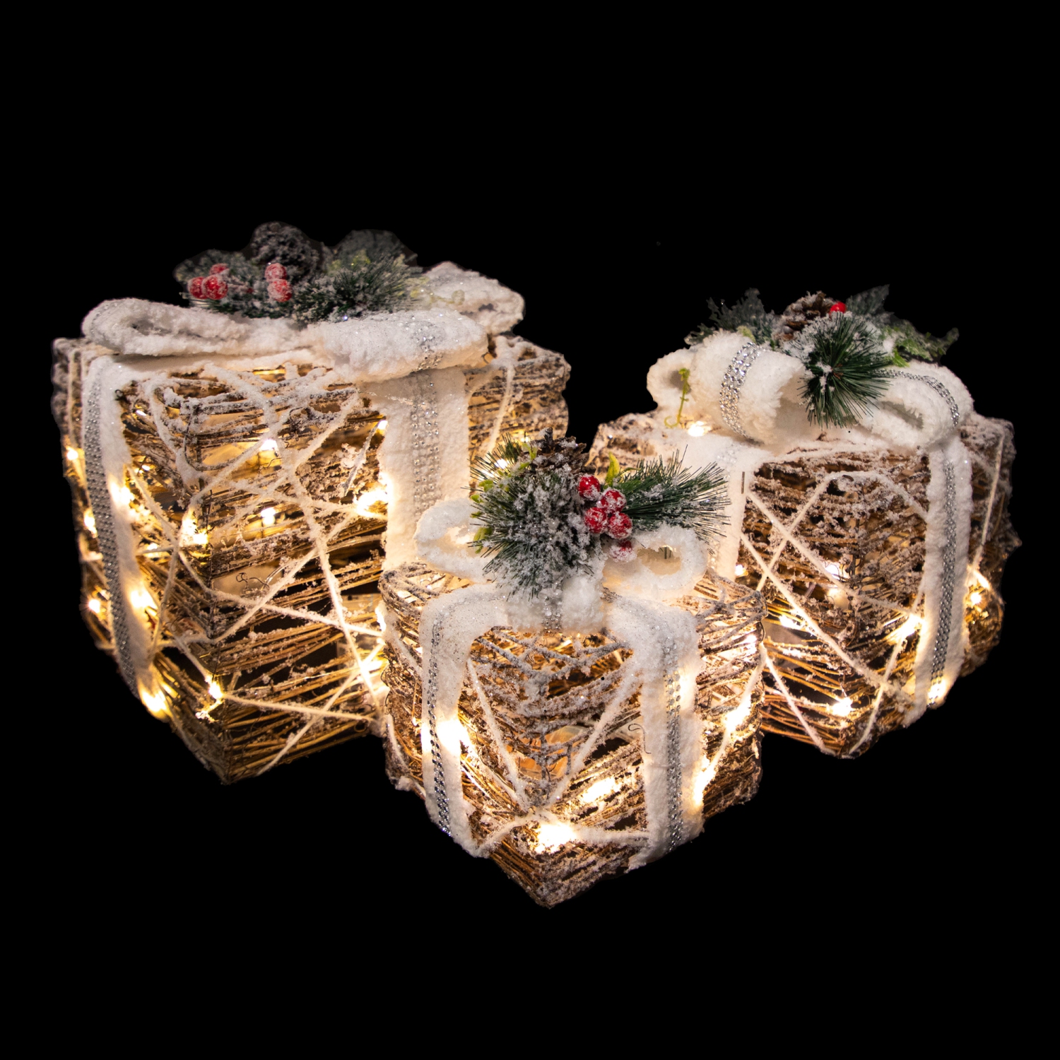 LED Lighted Gift Boxes with Pine and Berries Christmas Decorations - 9.75" - Set of 3