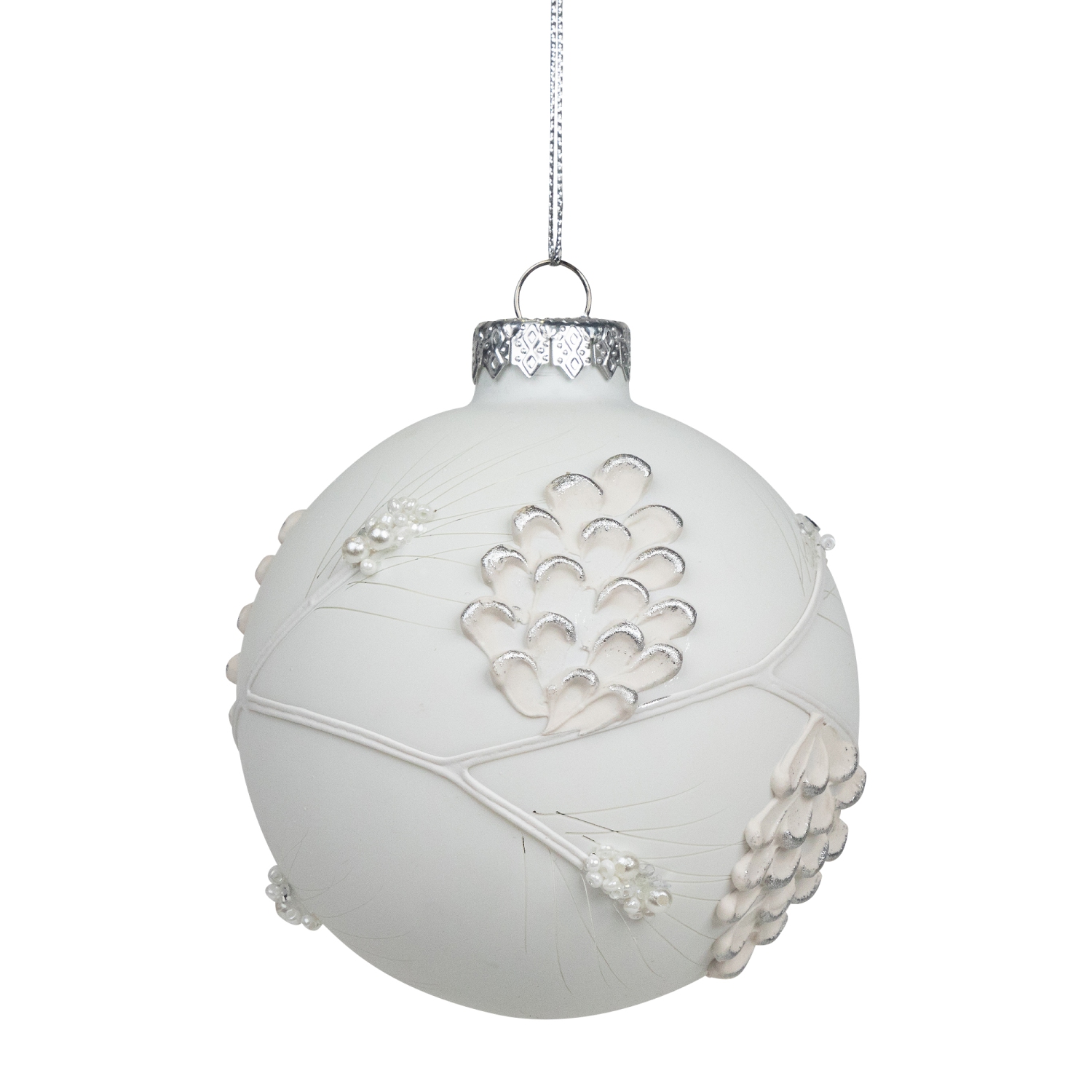 White and Silver Leaves Glass Ball Christmas Ornament - 3.5"