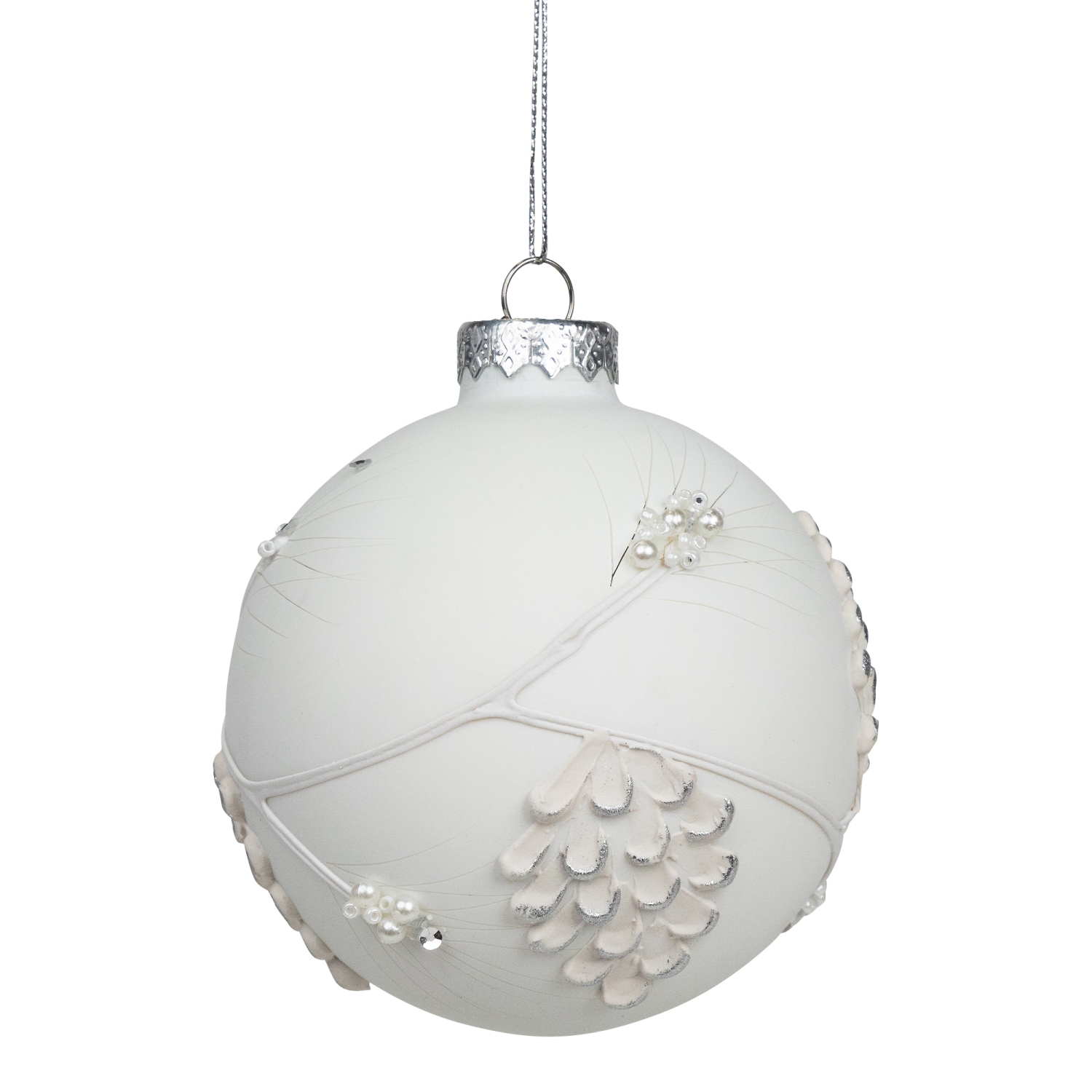 White and Silver Leaves Glass Ball Christmas Ornament - 3.5"