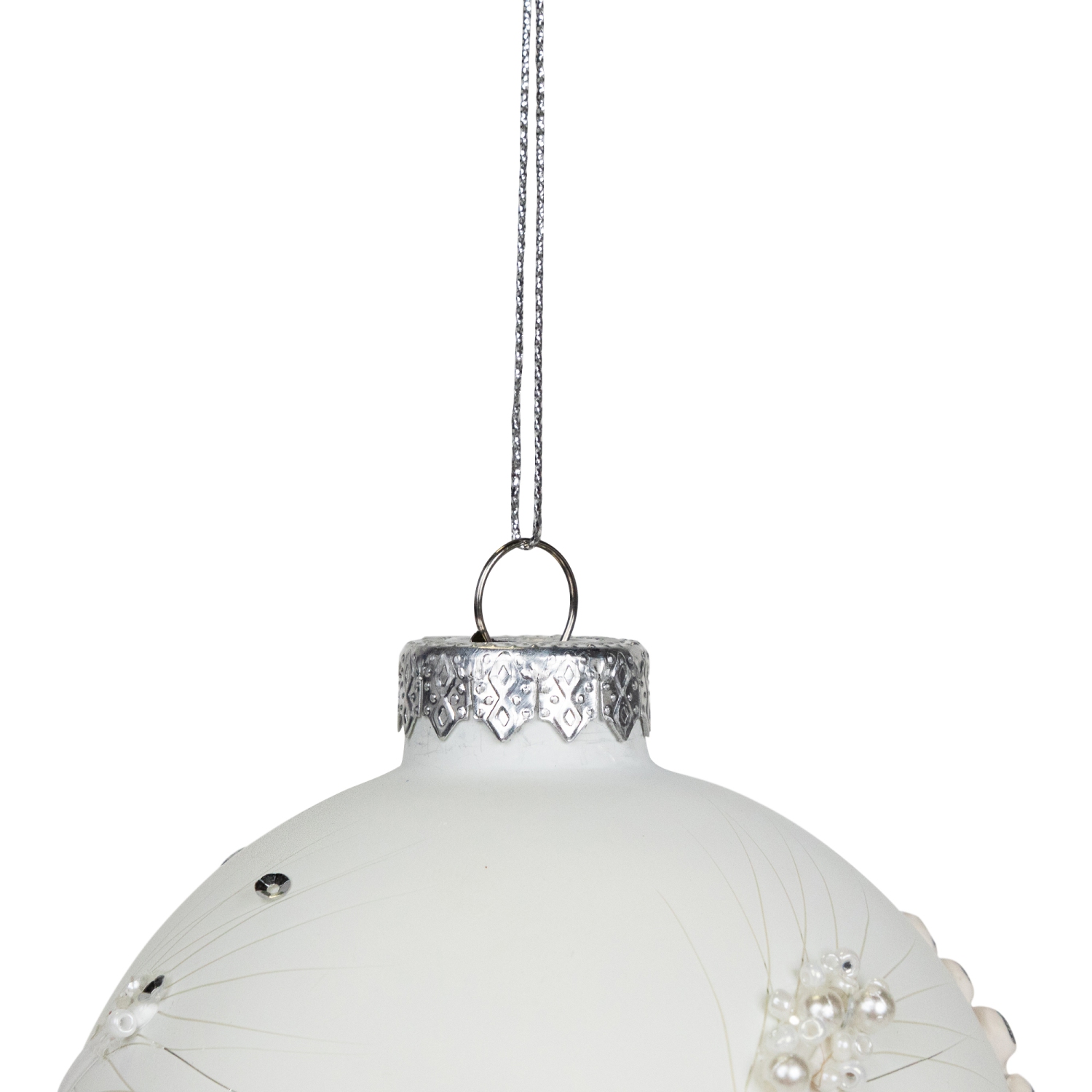 White and Silver Leaves Glass Ball Christmas Ornament - 3.5"