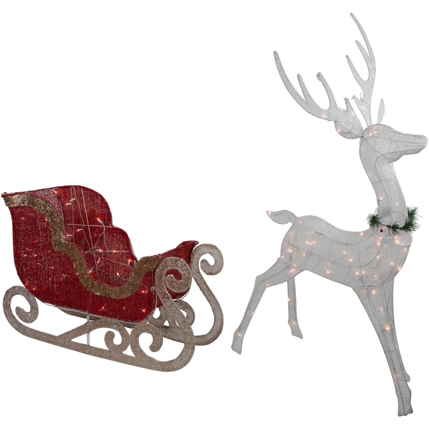 51" Lighted White Reindeer with Sleigh Christmas Decoration