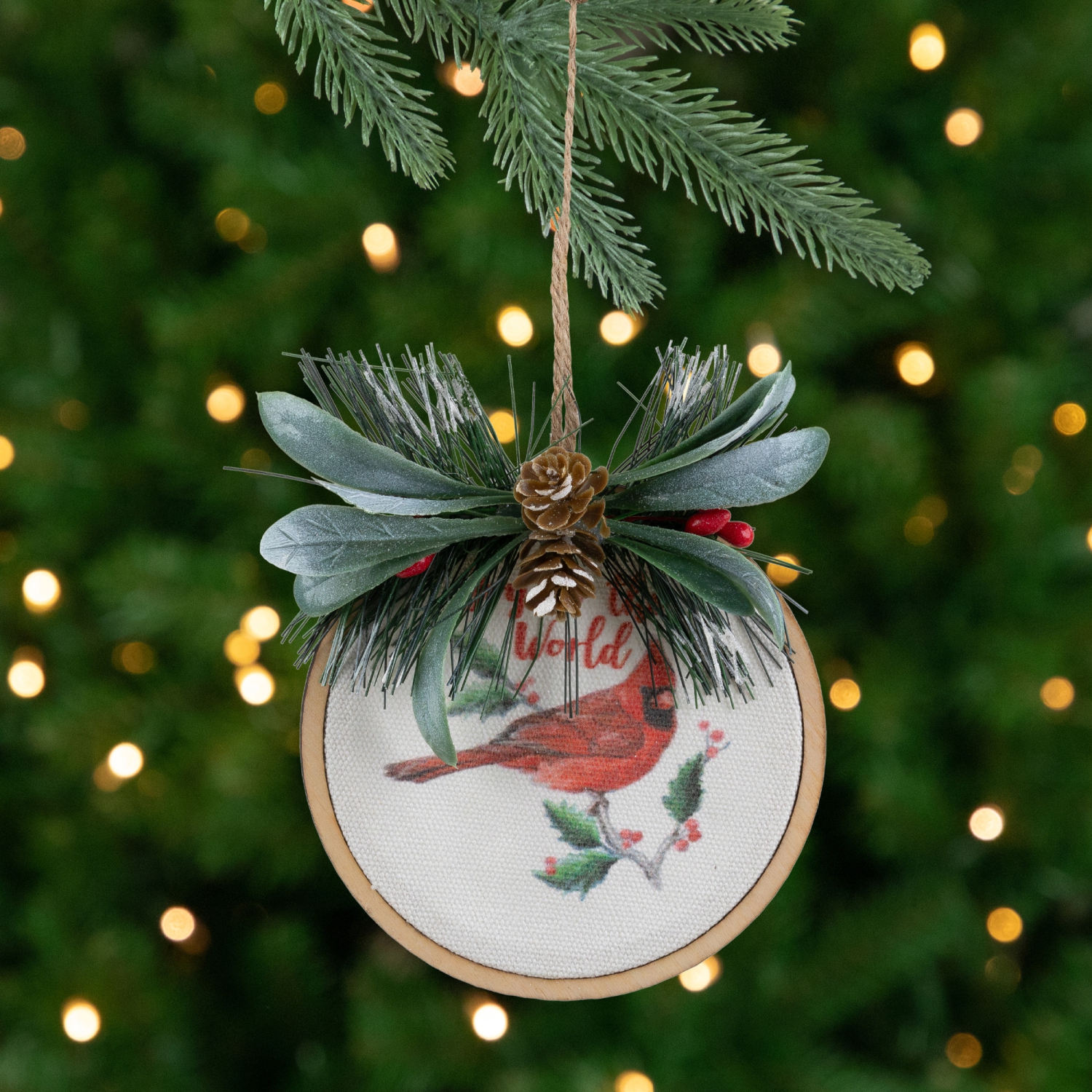 Cardinal and Pinecone "Joy to the World" Pine Disc Christmas Ornament - 5.25"