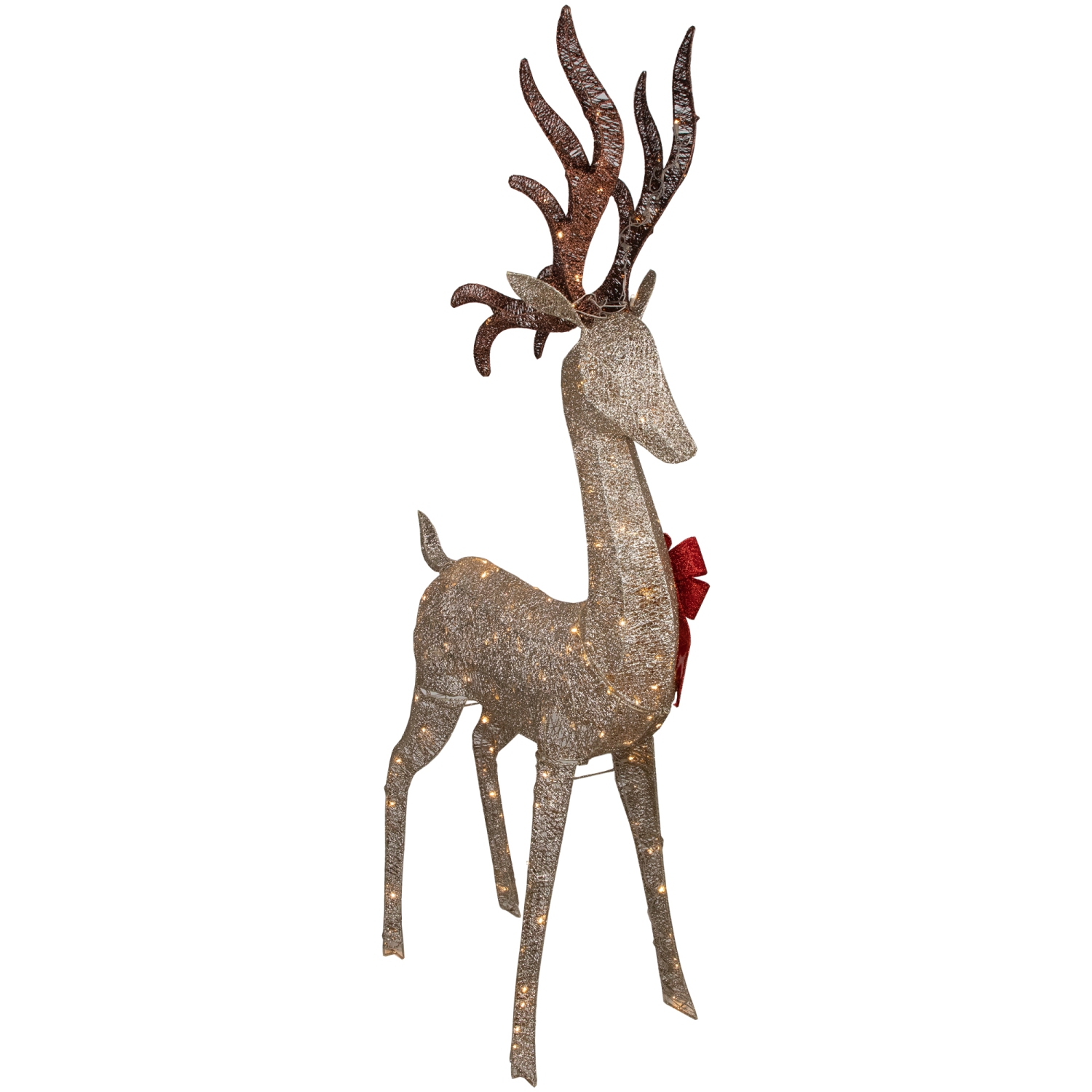 Cerf champagne illuminé à DEL de 74 po avec boucle rouge décoration de Noël d'extérieur