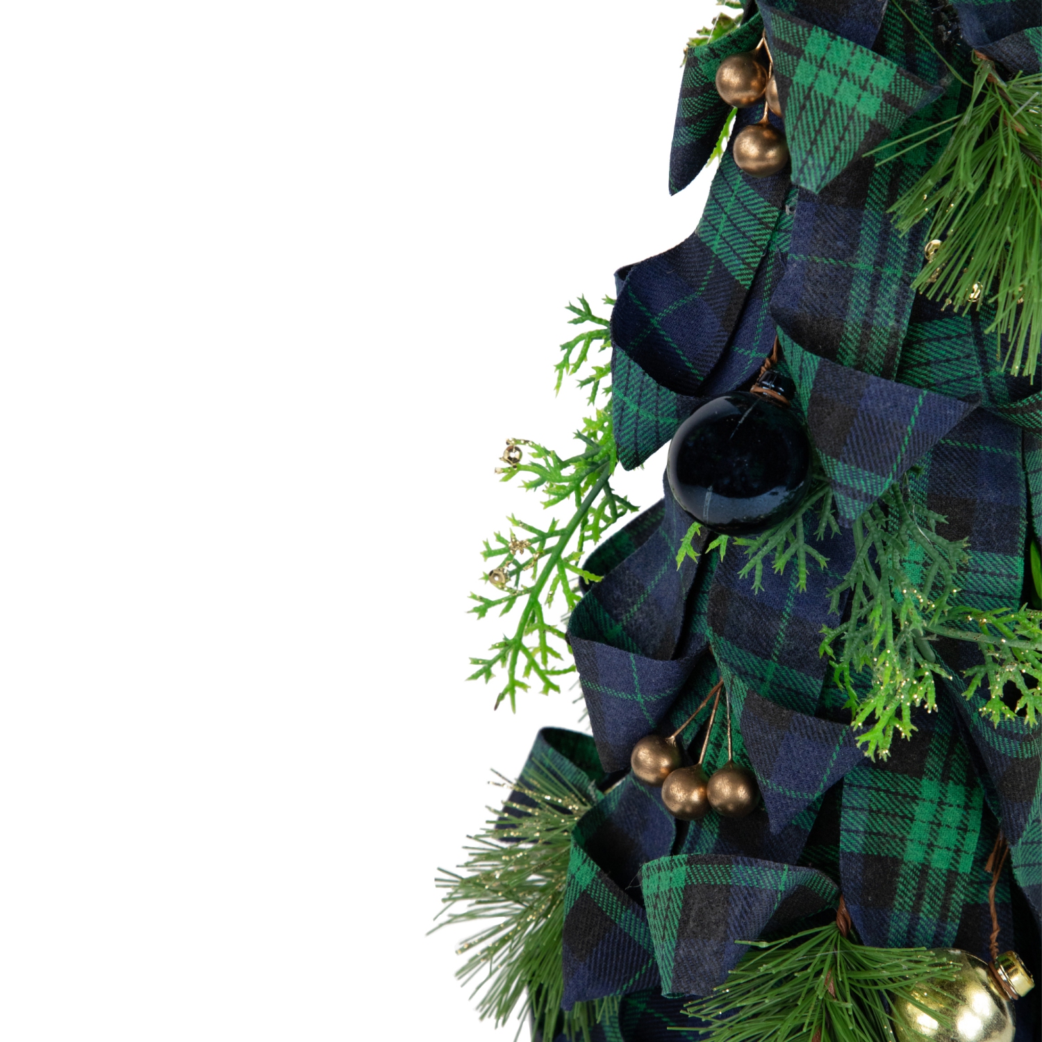 Pine, Jingle Bell and Plaid Ribbon Christmas Cone Tree - 18" - Green and Blue