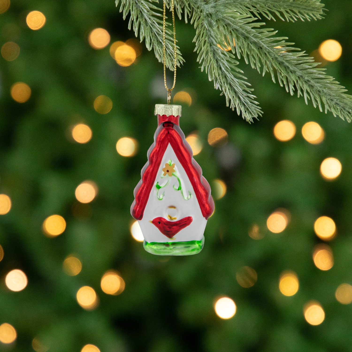 Décoration de Noël en verre cardinal, cabane à oiseaux, 3,25&nbsp;po, rouge et blanc