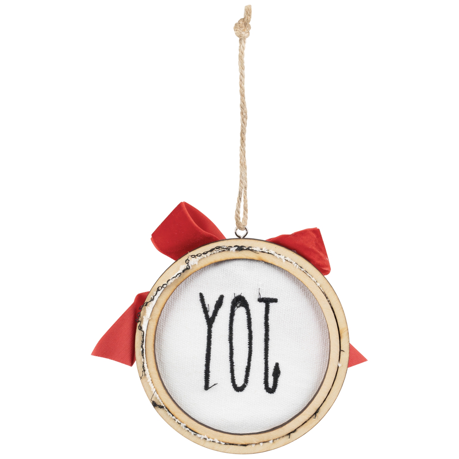 Embroidered Joy with Bow Wooden Disc Christmas Ornament - 4.5" - Red and White