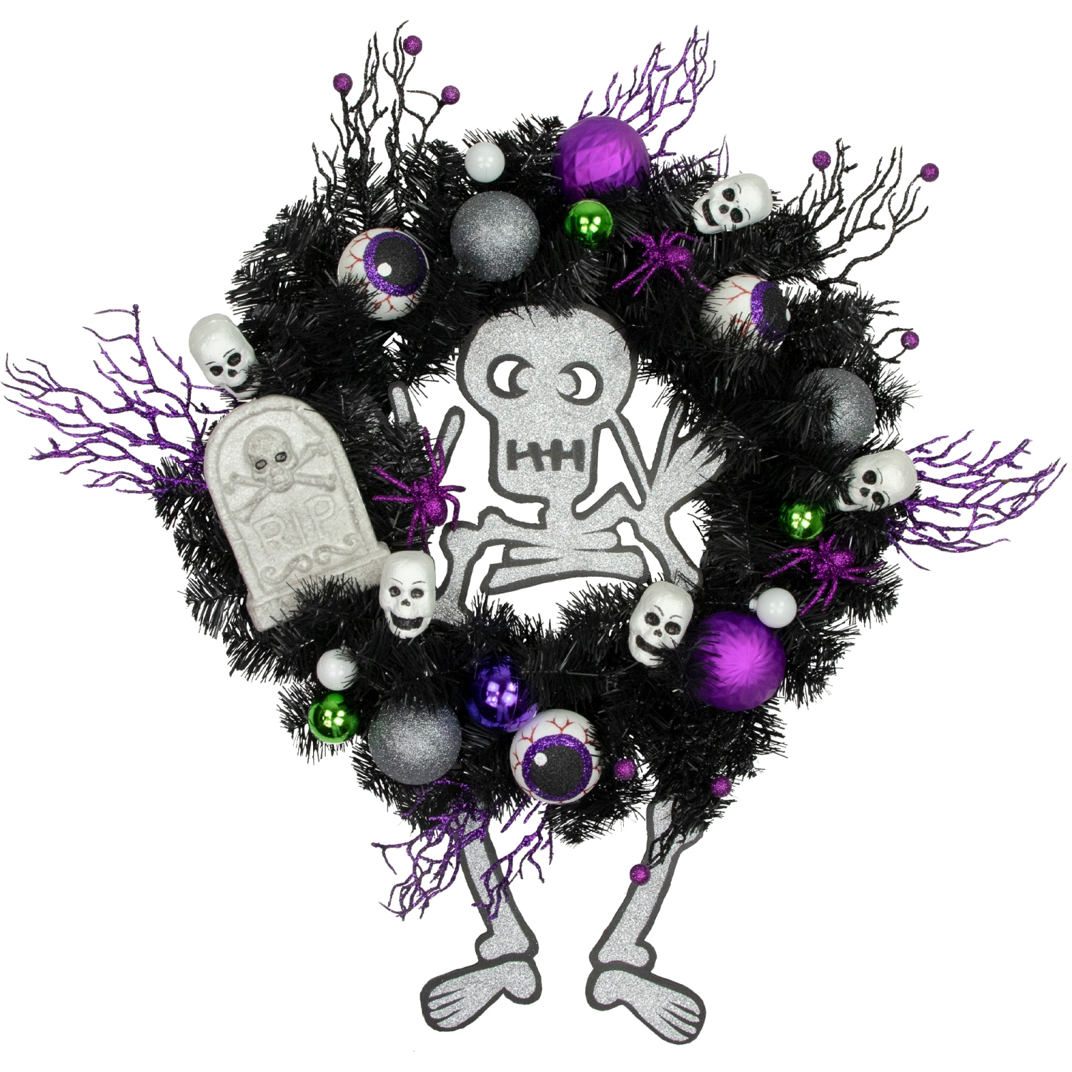 Purple and Black Spooky Skeleton Pine Halloween Wreath, 24-Inch, Unlit