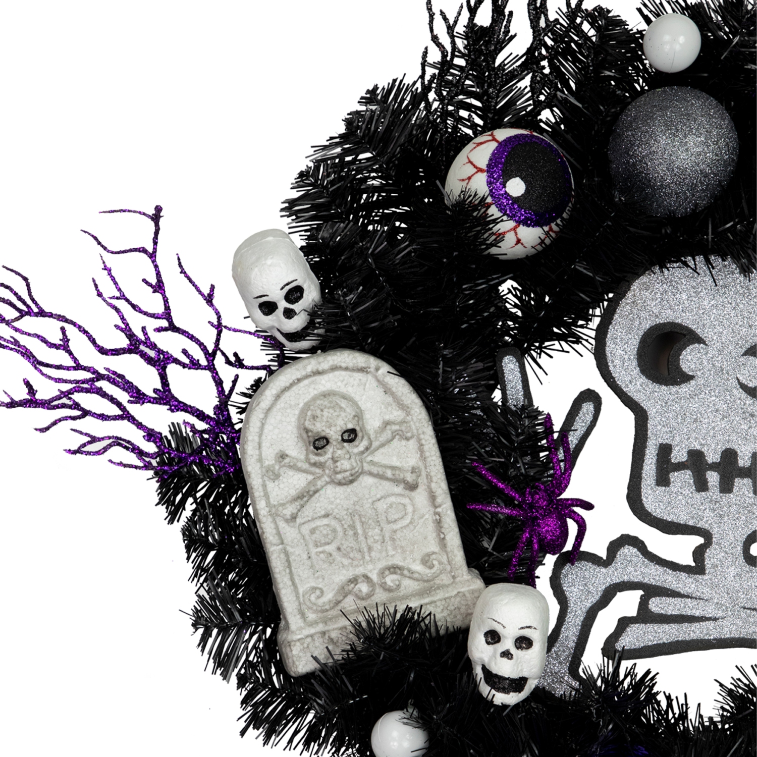 Purple and Black Spooky Skeleton Pine Halloween Wreath, 24-Inch, Unlit