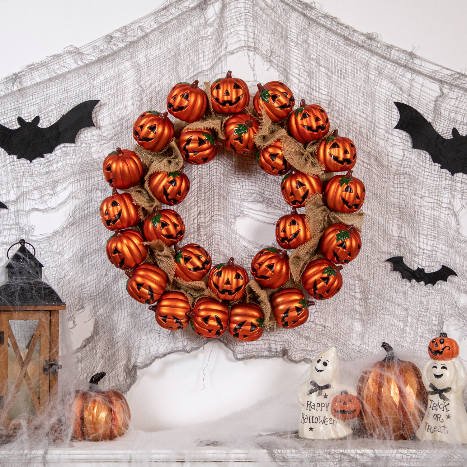 Jack-O-Lantern and Burlap Ribbon Halloween Wreath, 20-Inch, Unlit