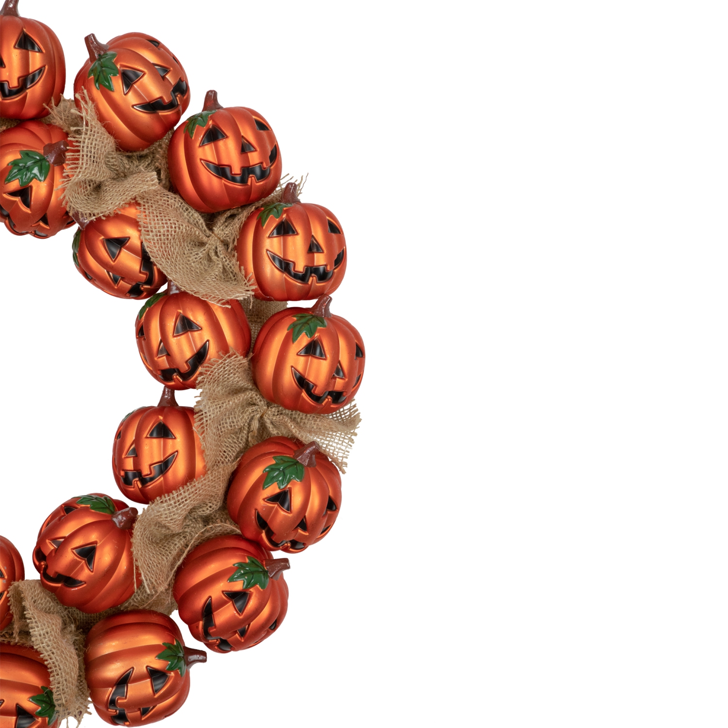 Jack-O-Lantern and Burlap Ribbon Halloween Wreath, 20-Inch, Unlit