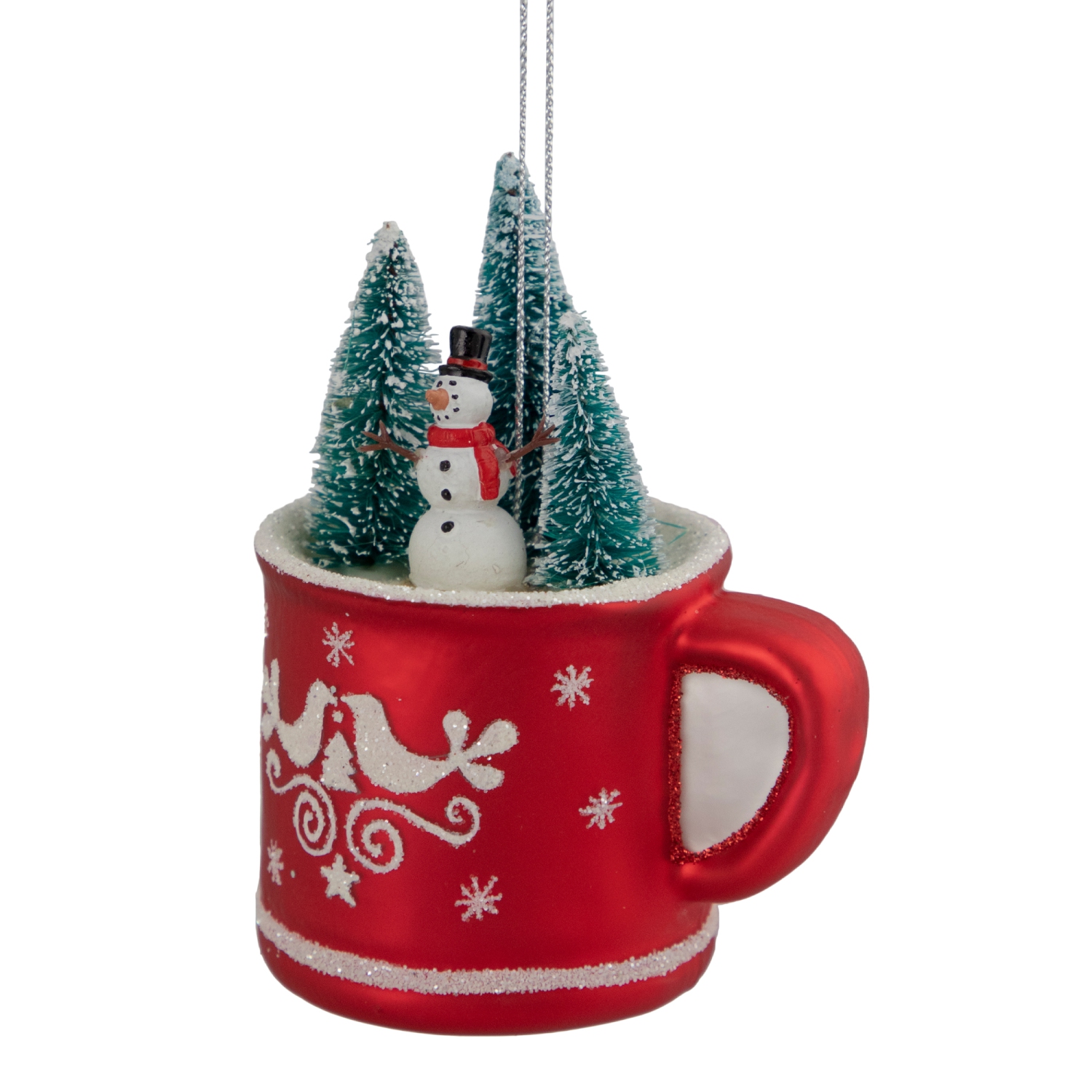 4.25" Christmas Trees and Snowman in a Cup Glass Ornament