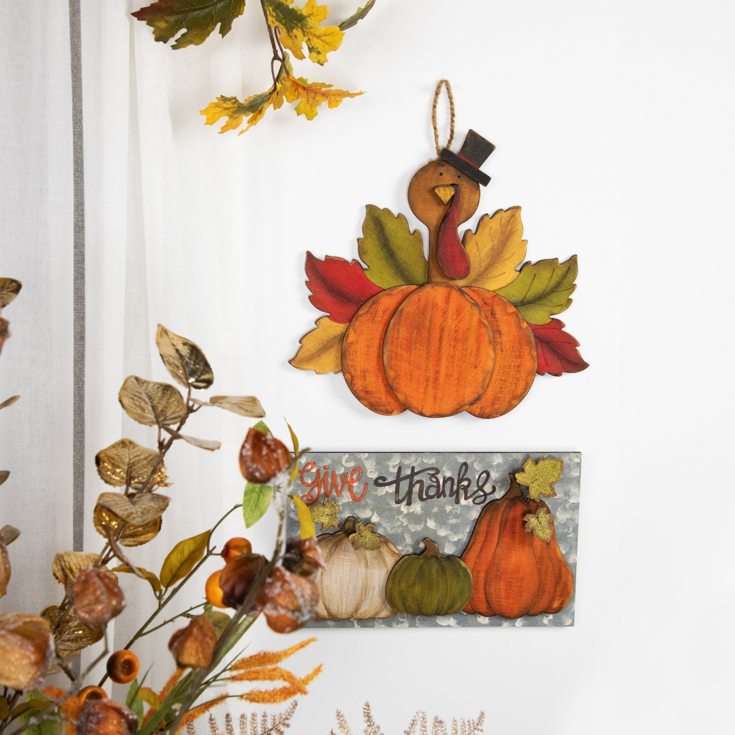 16.5" "Give Thanks" Fall Harvest Pumpkin Wall Sign