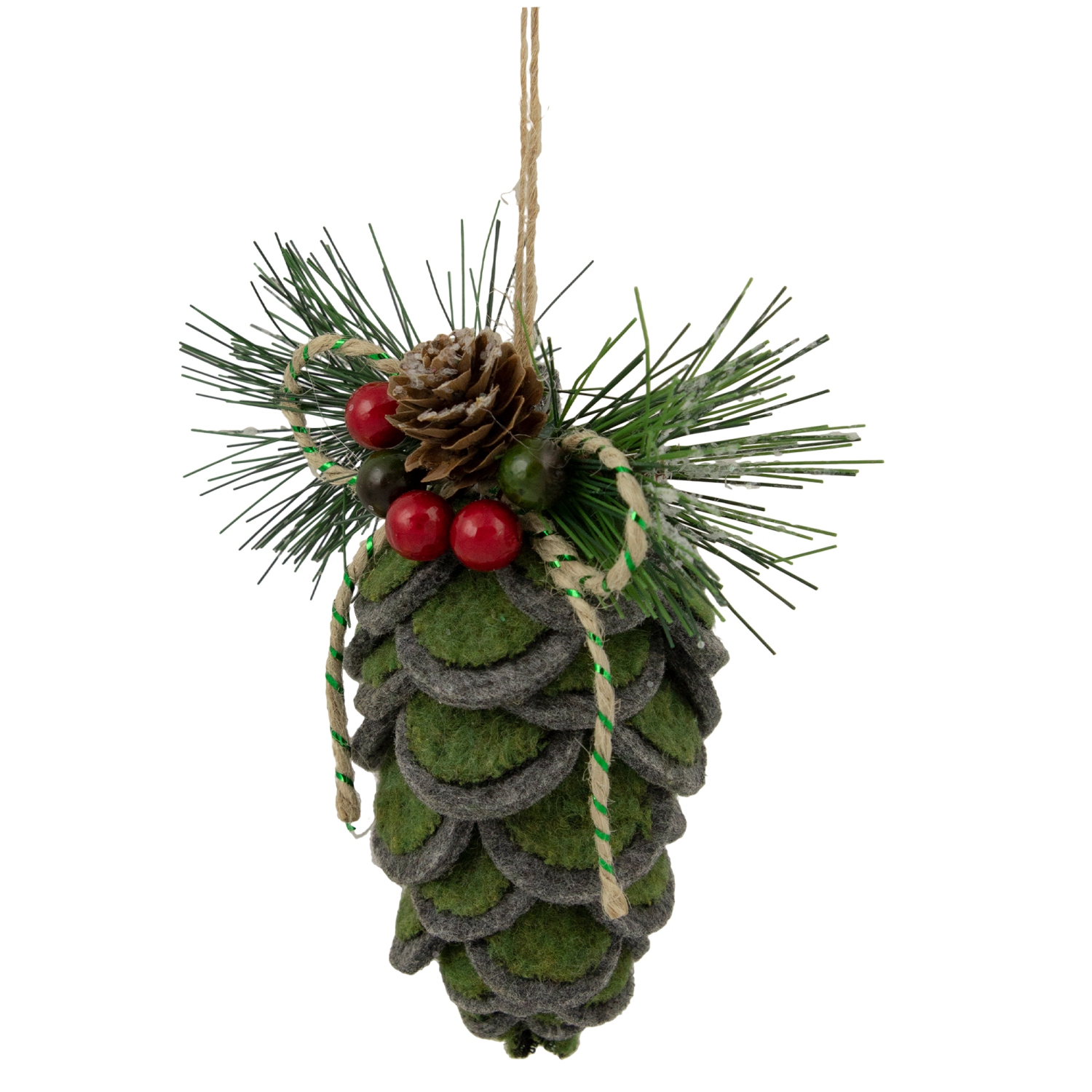 6" Green Felt Pine Cone with Berries Christmas Ornament