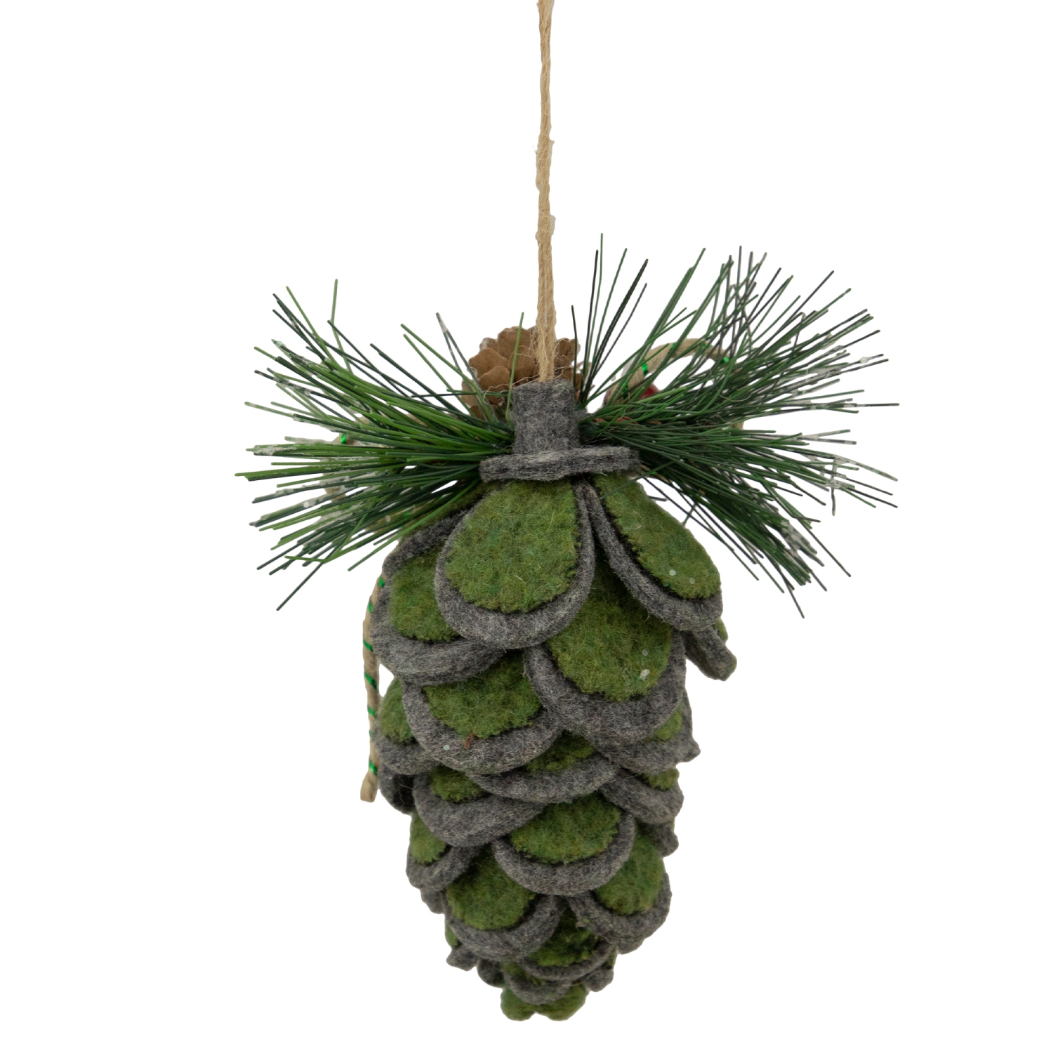 6" Green Felt Pine Cone with Berries Christmas Ornament