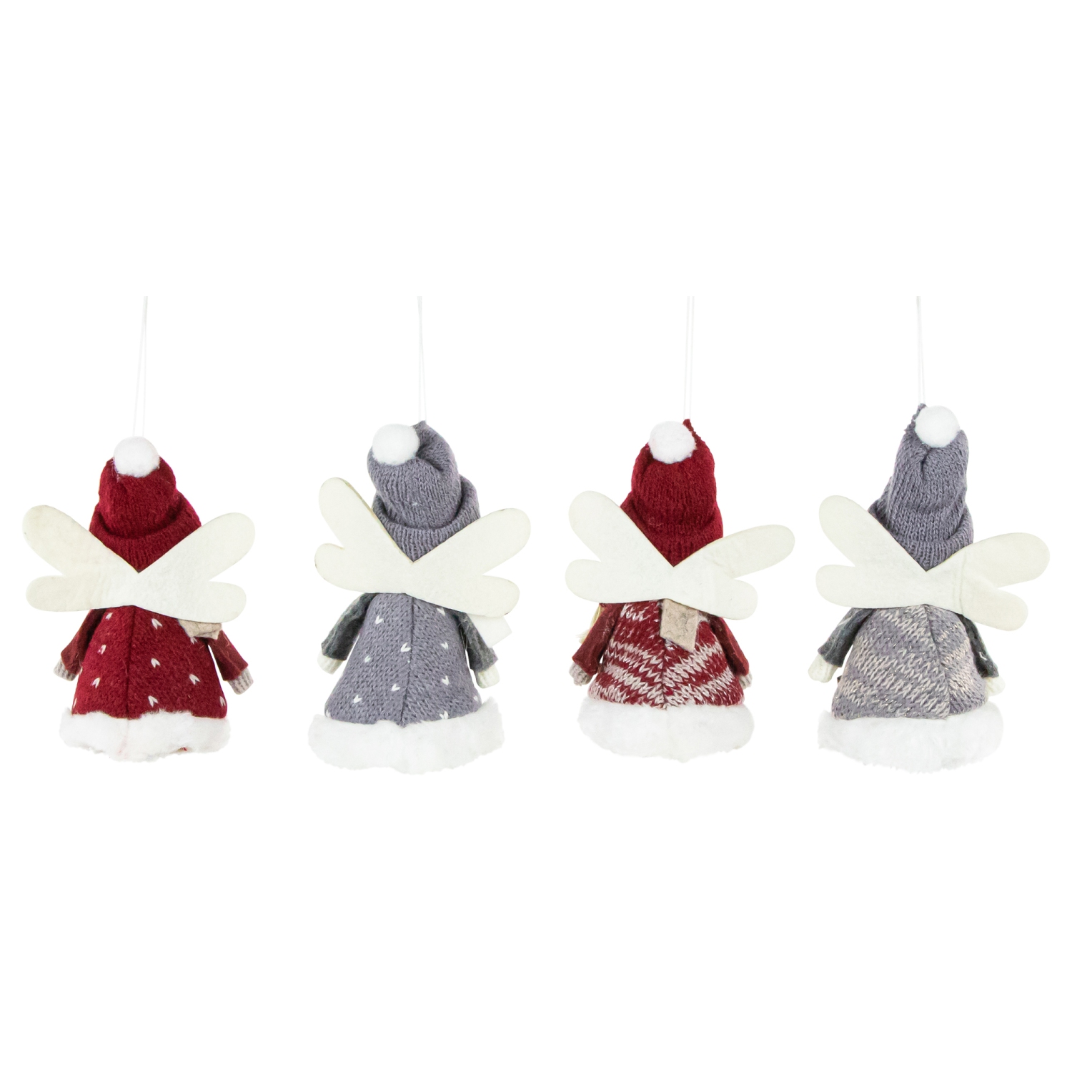 Plush Angel Girl Hanging Christmas Ornaments - 4.25" - Red and Gray - Set of 4