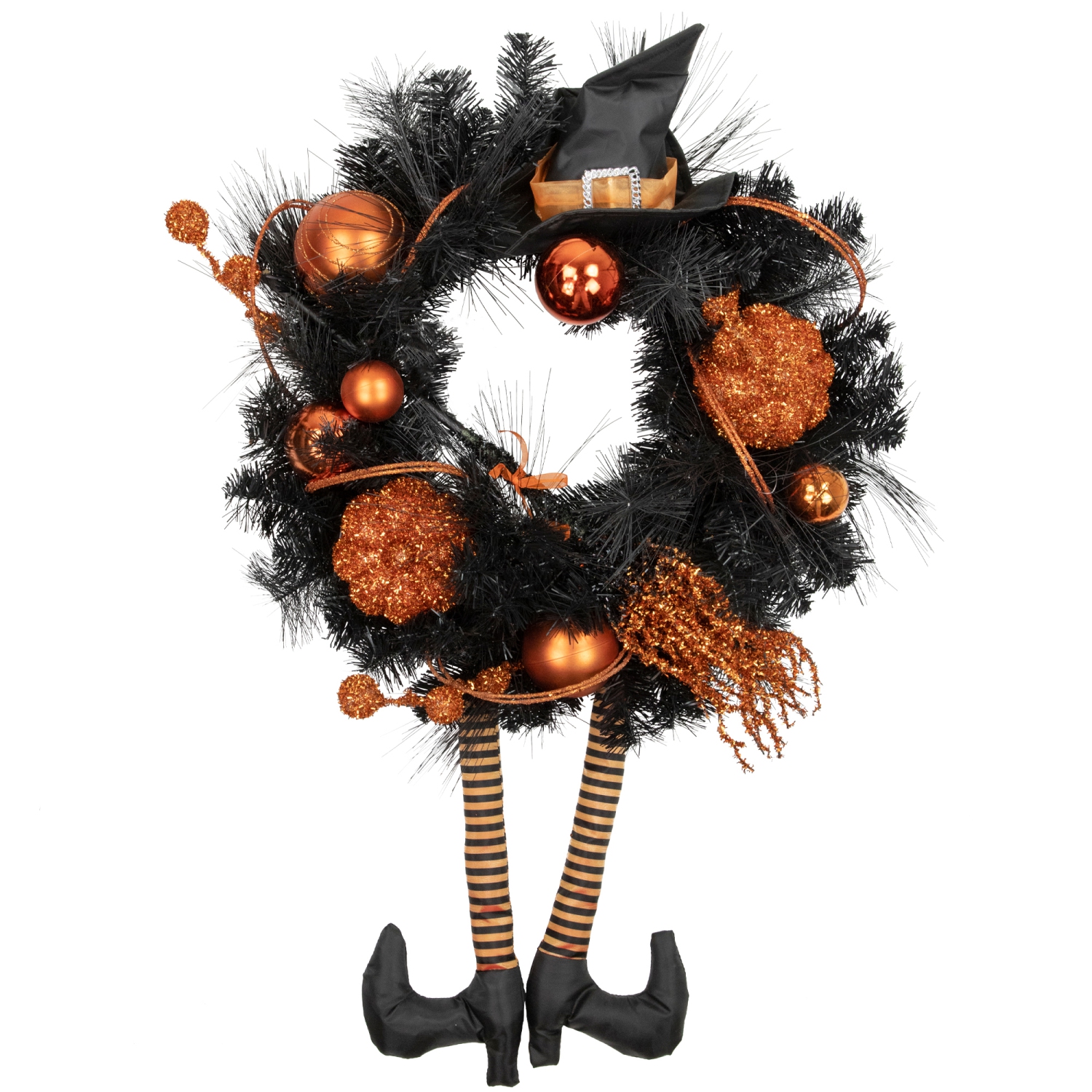 Orange and Black Witch and Pumpkins Halloween Wreath, 24-Inch, Unlit