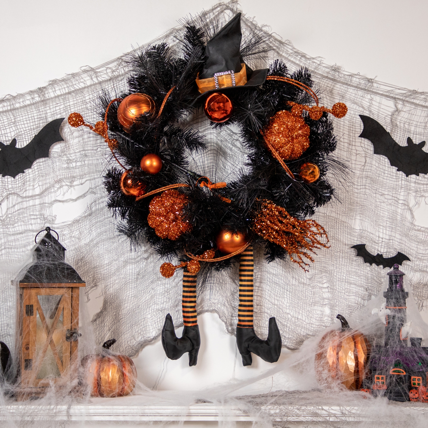 Orange and Black Witch and Pumpkins Halloween Wreath, 24-Inch, Unlit