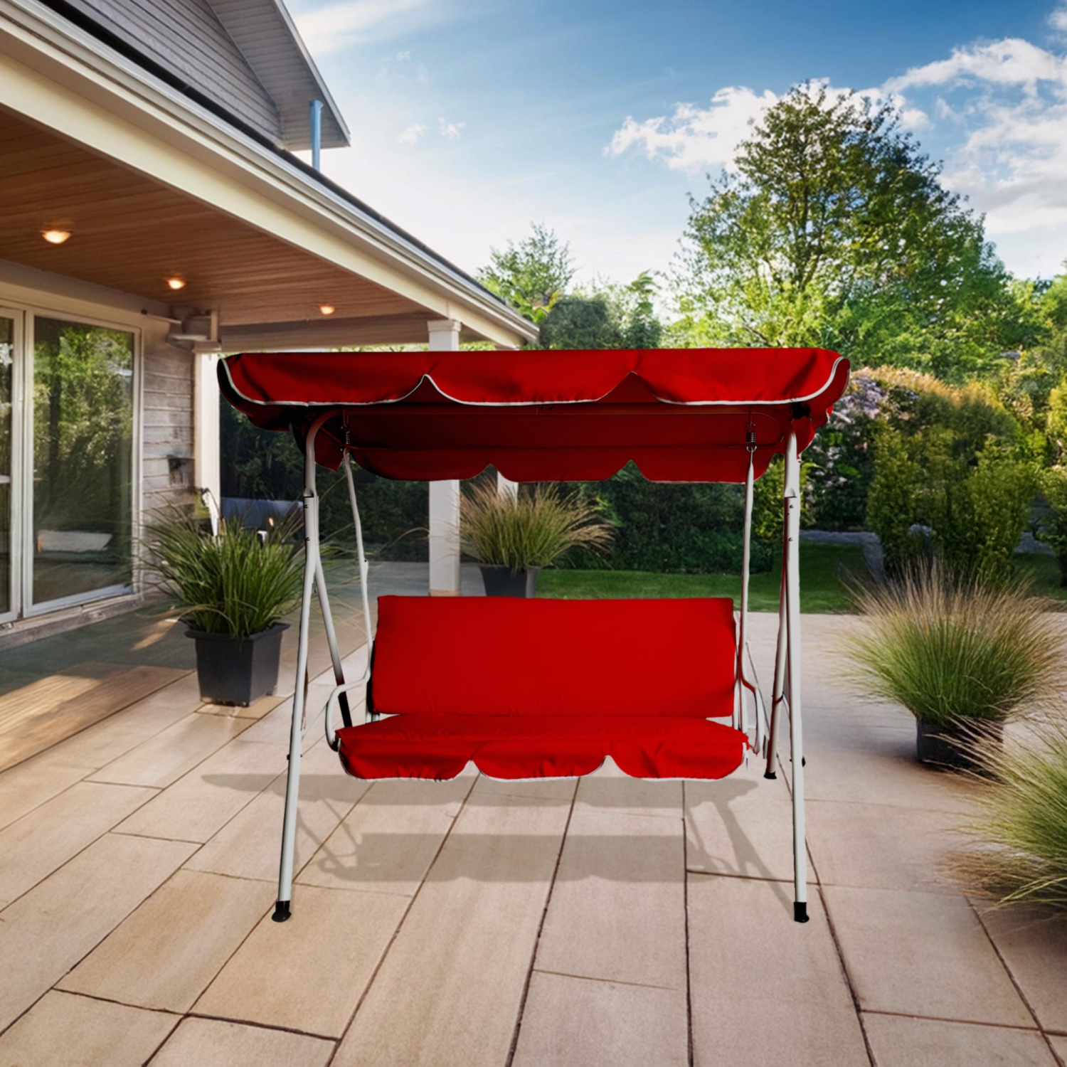 3-Seater Outdoor Patio Swing with Adjustable Canopy - Red