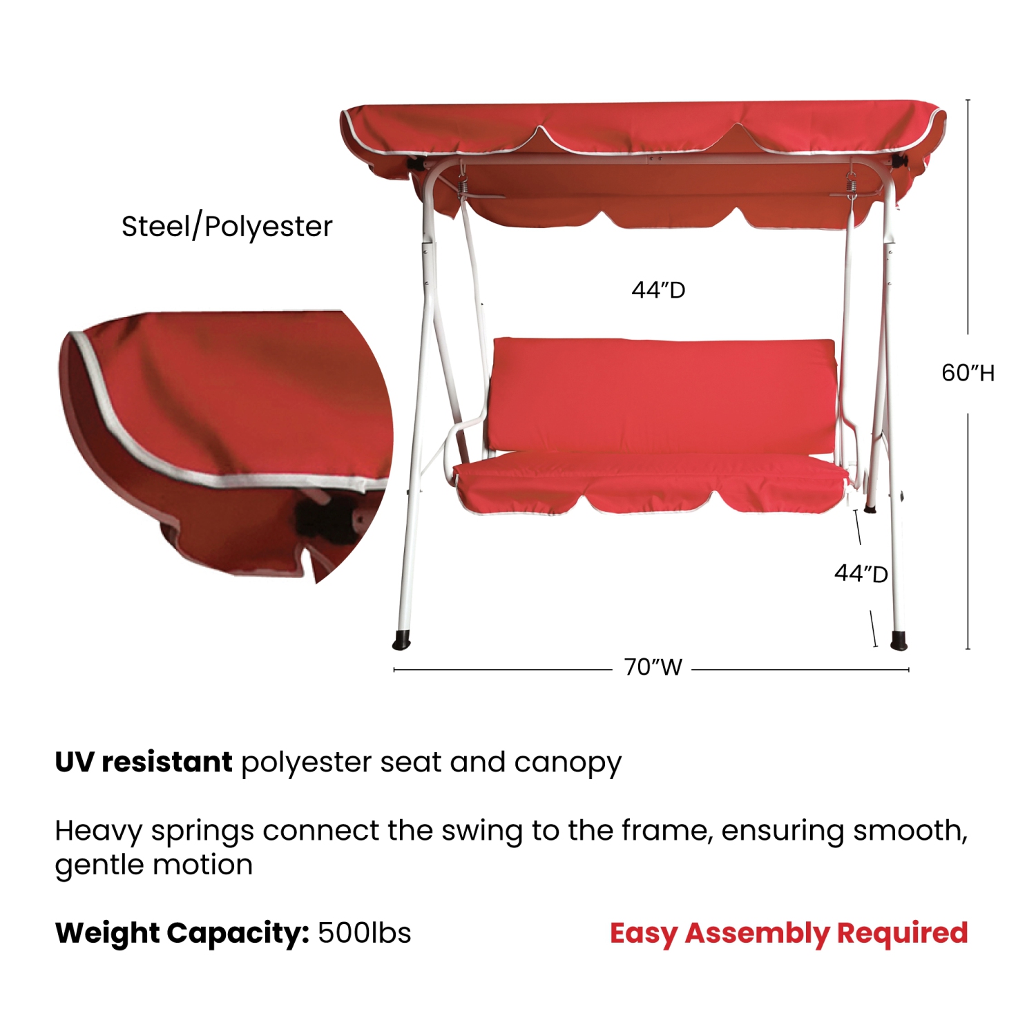 3-Seater Outdoor Patio Swing with Adjustable Canopy - Red