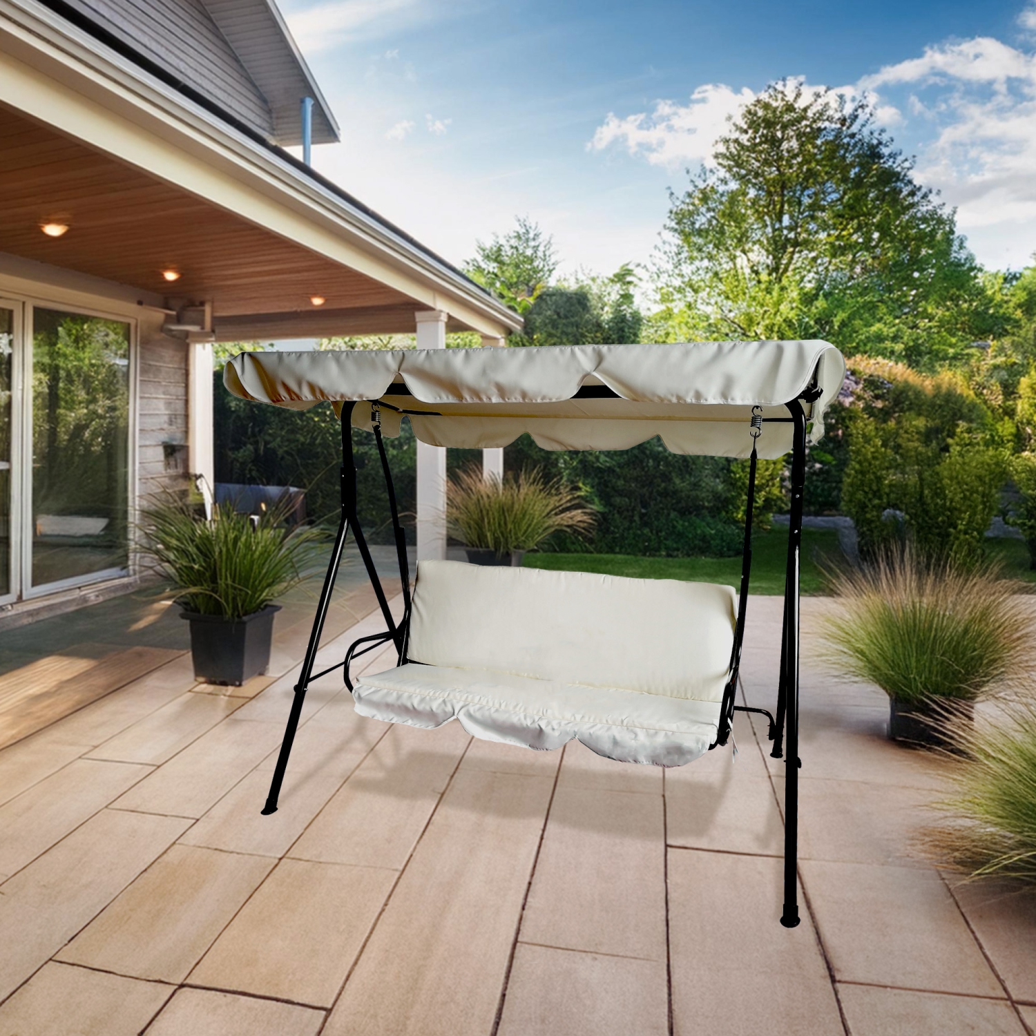 3-Seater Outdoor Patio Swing with Adjustable Canopy - Cream