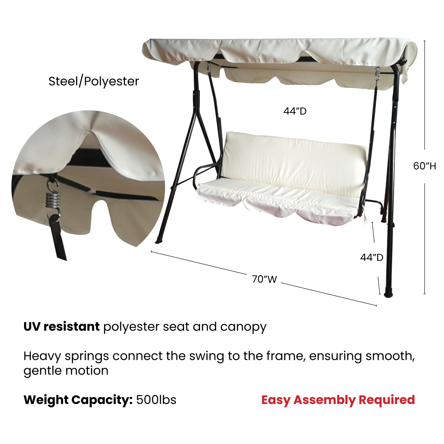 3-Seater Outdoor Patio Swing with Adjustable Canopy - Cream