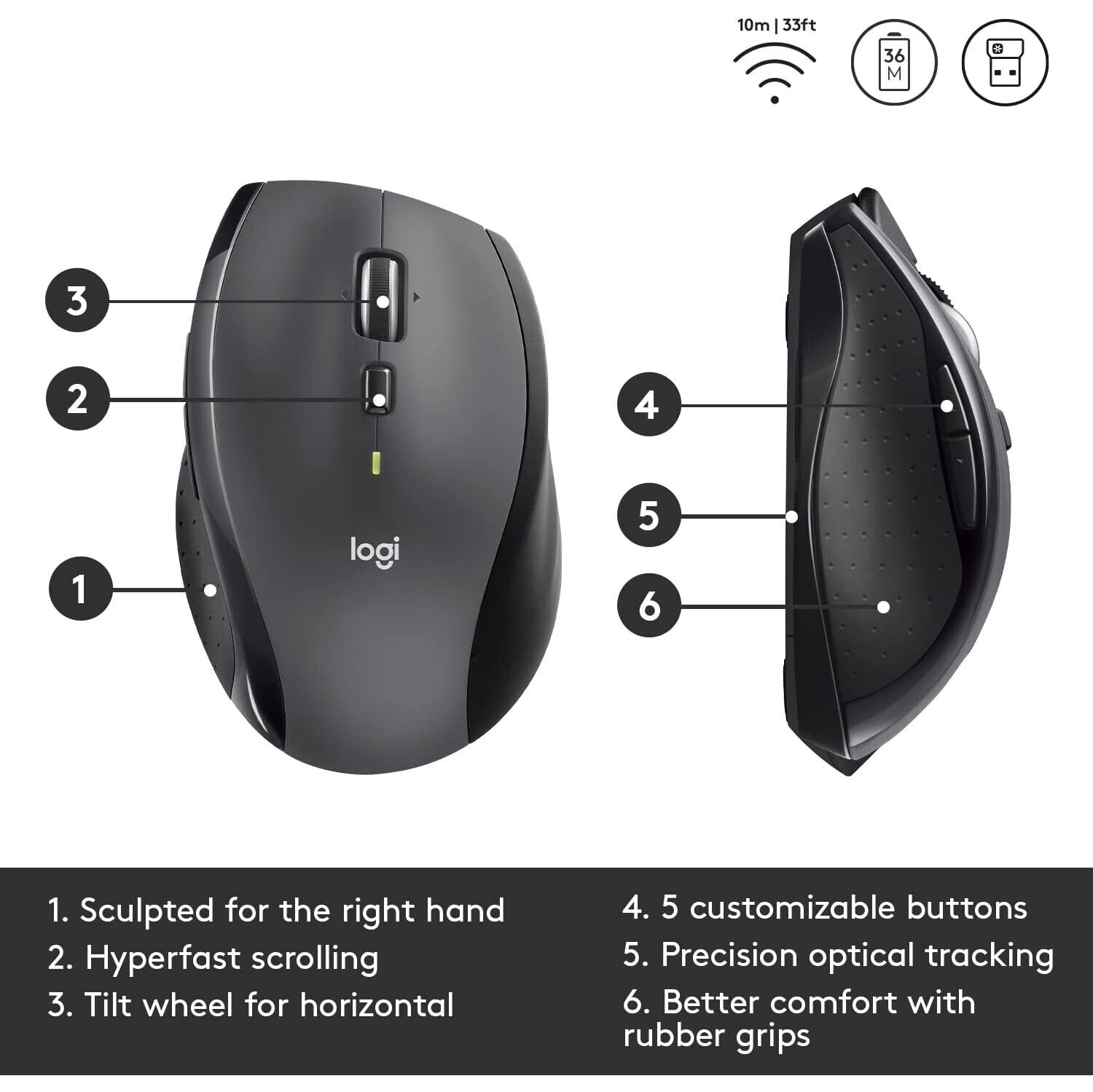 Refurbished Logitech M705 Marathon Wireless Laser Mouse 1000 DPI with USB Receiver- Black