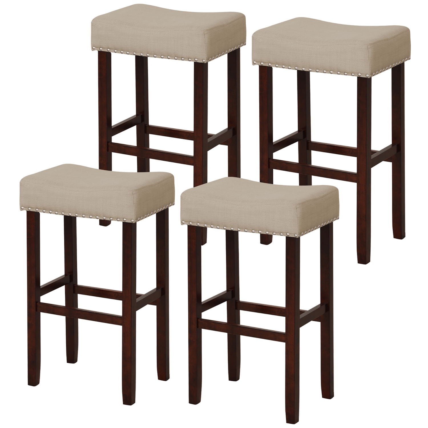Gymax Set of 4 Bar Stools Bar Height Saddle Kitchen Chairs w/ Wooden Legs Beige