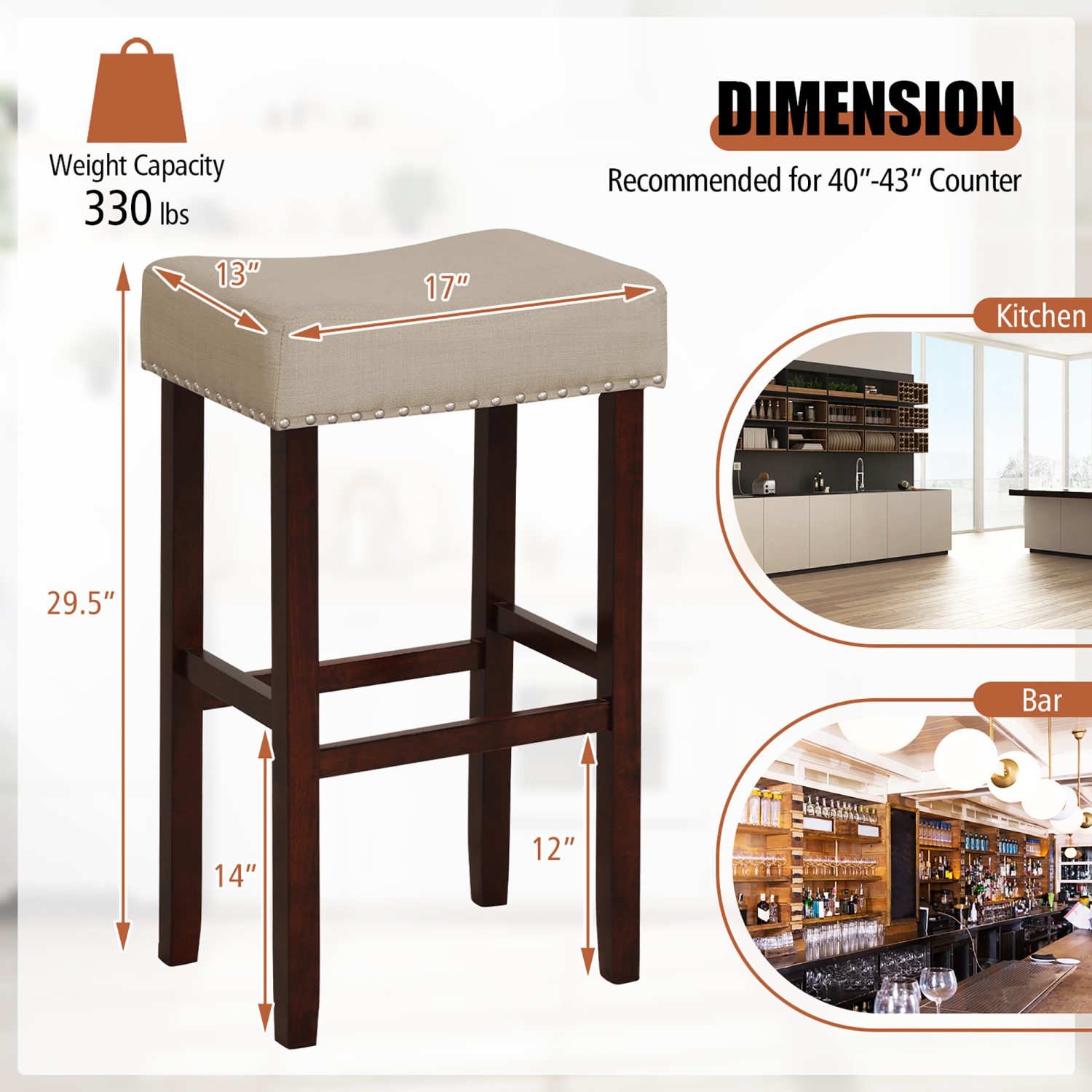 Gymax Set of 4 Bar Stools Bar Height Saddle Kitchen Chairs w/ Wooden Legs Beige