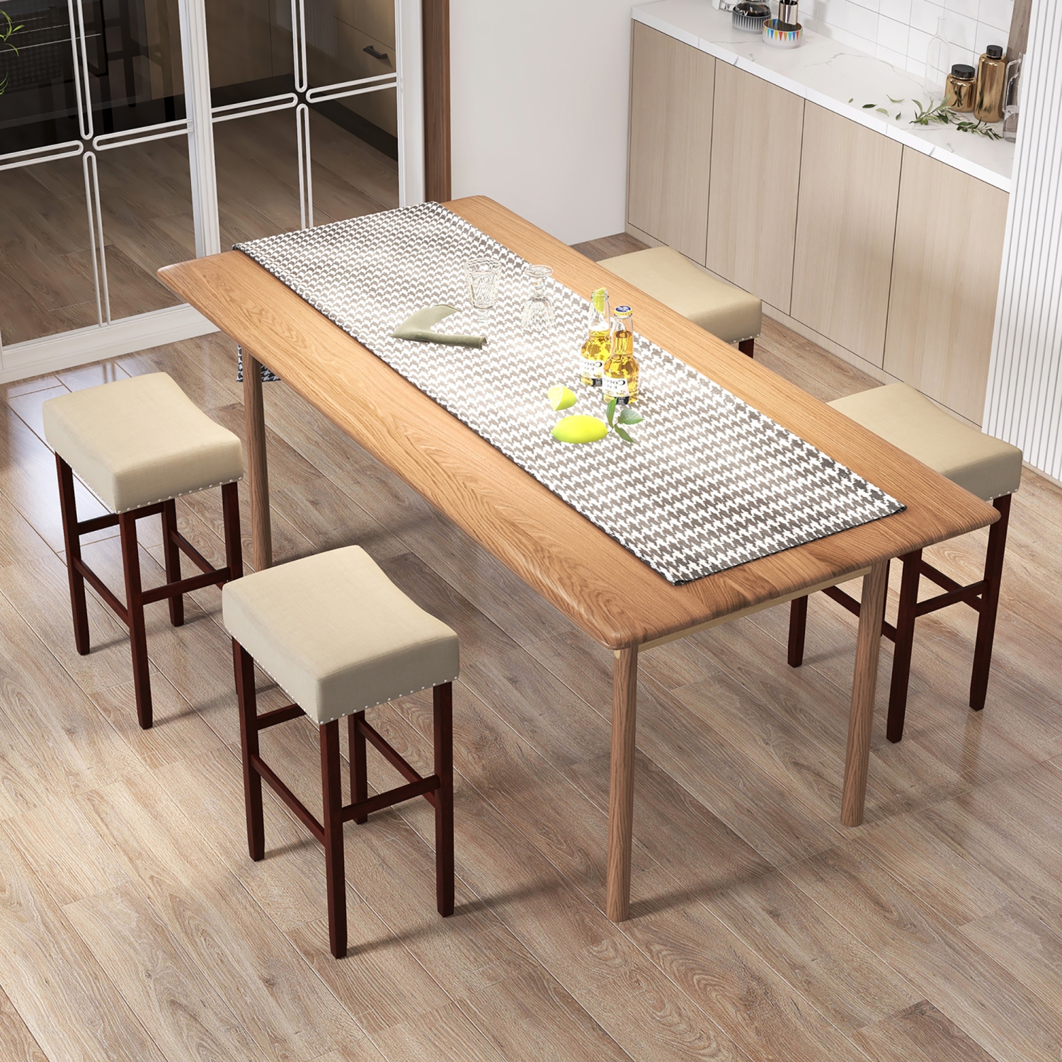 Gymax Set of 4 Bar Stools Bar Height Saddle Kitchen Chairs w/ Wooden Legs Beige