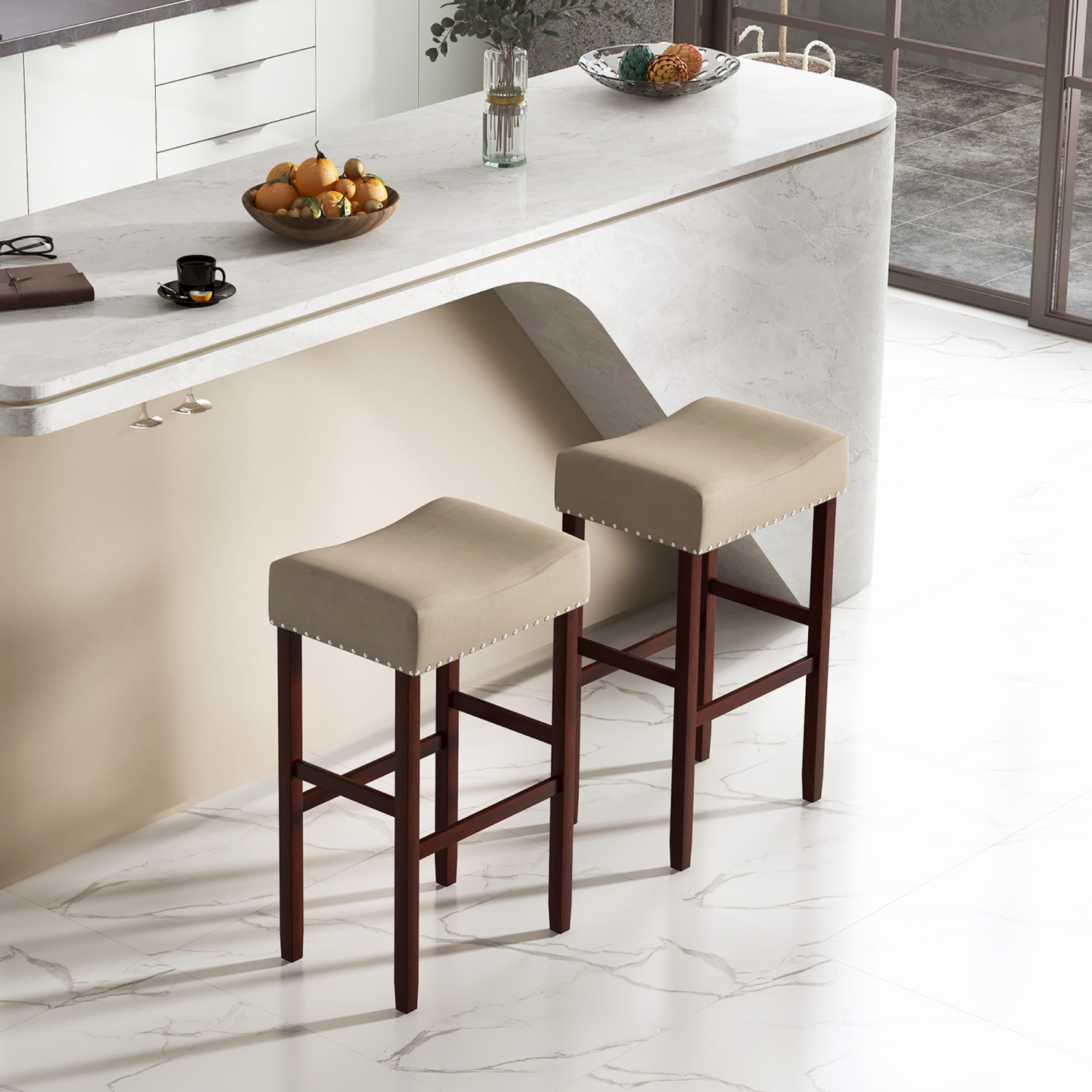 Gymax Set of 4 Bar Stools Bar Height Saddle Kitchen Chairs w/ Wooden Legs Beige