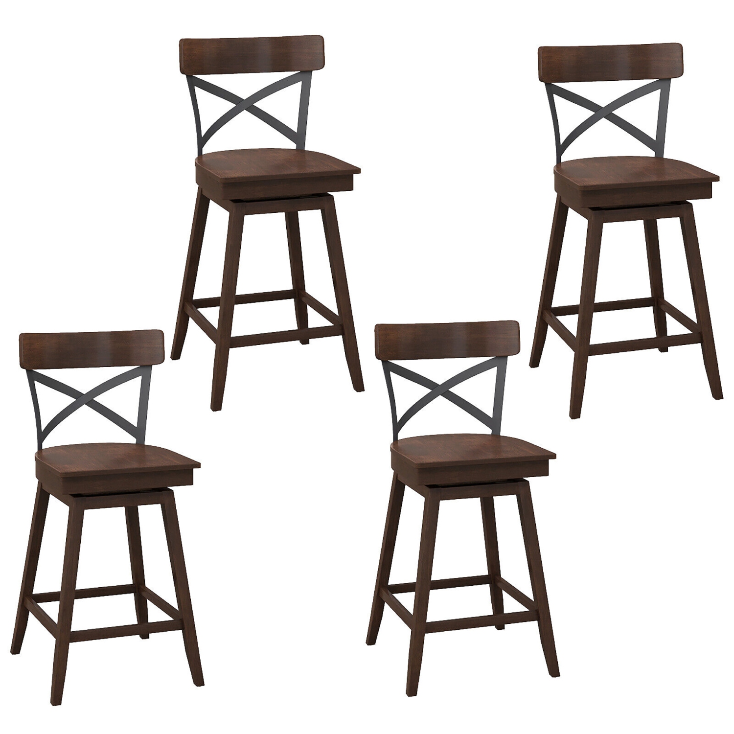 Gymax Set of 4 Wooden Swivel Bar Stools Counter Height Kitchen Chairs w/ Back Brown