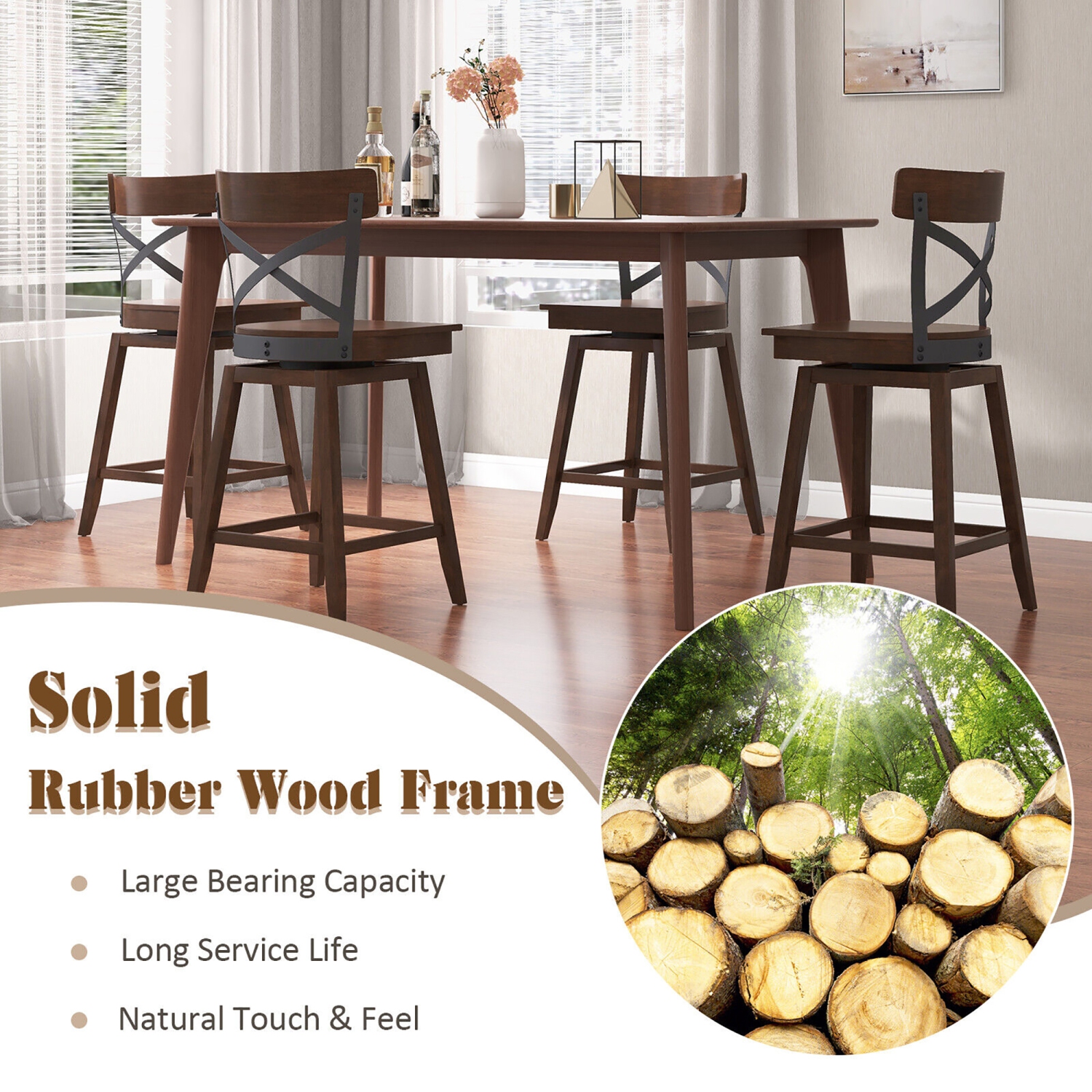 Gymax Set of 4 Wooden Swivel Bar Stools Counter Height Kitchen Chairs w/ Back Brown