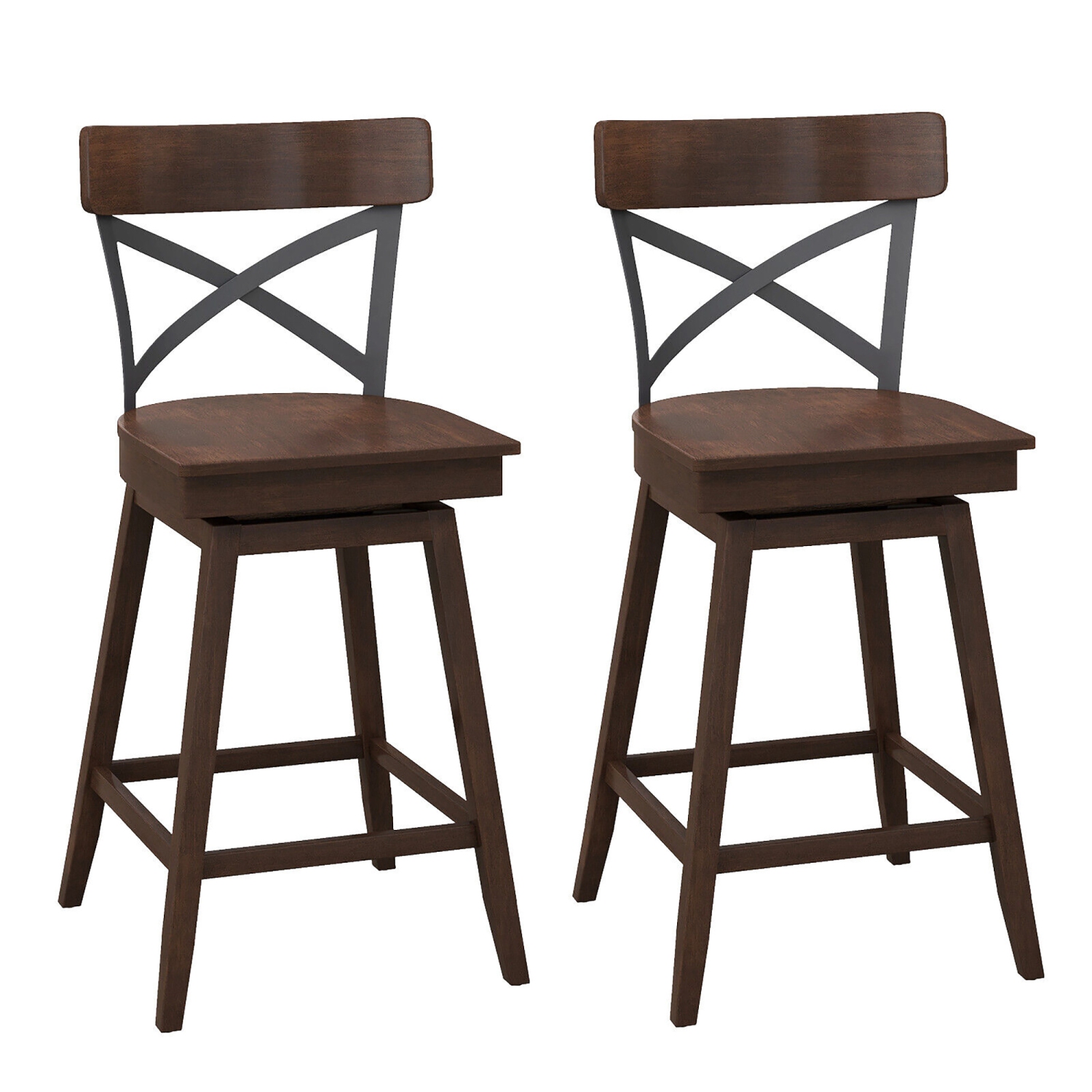 Gymax Set of 2 Wooden Swivel Bar Stools Counter Height Kitchen Chairs w/ Back Brown