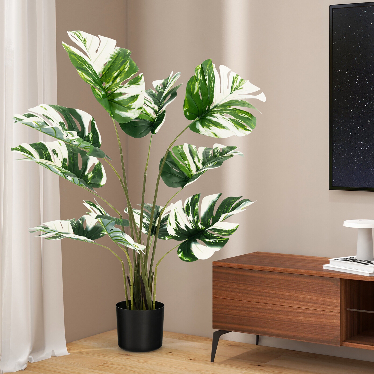 Gymax 4FT Artificial Monstera Deliciosa Tree 2-Pack Fake Plant Faux Tree for Decor