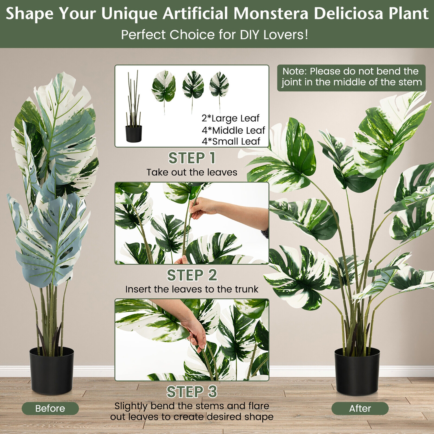 Gymax 4FT Artificial Monstera Deliciosa Tree 2-Pack Fake Plant Faux Tree for Decor