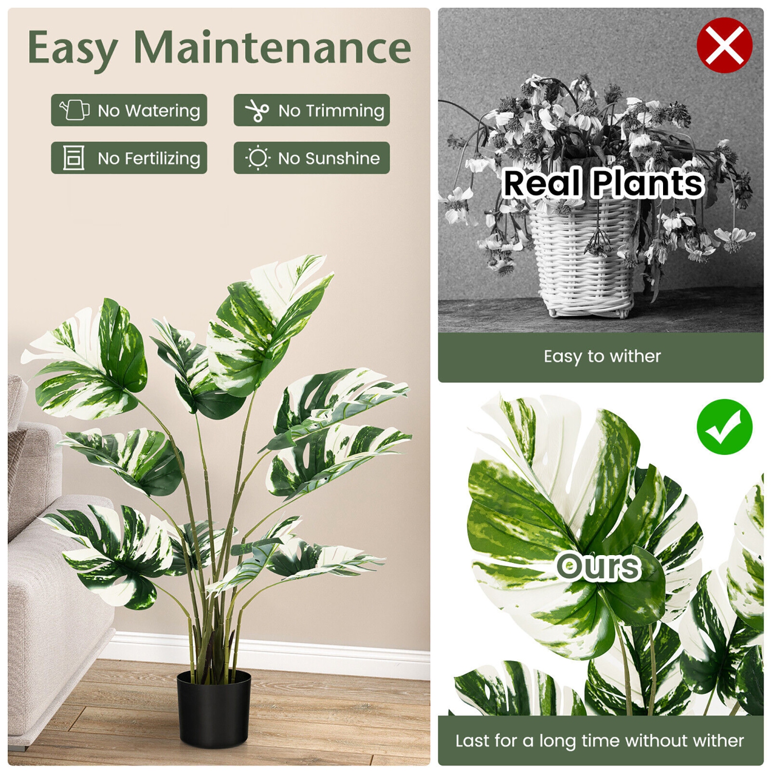 Gymax 4FT Artificial Monstera Deliciosa Tree 2-Pack Fake Plant Faux Tree for Decor