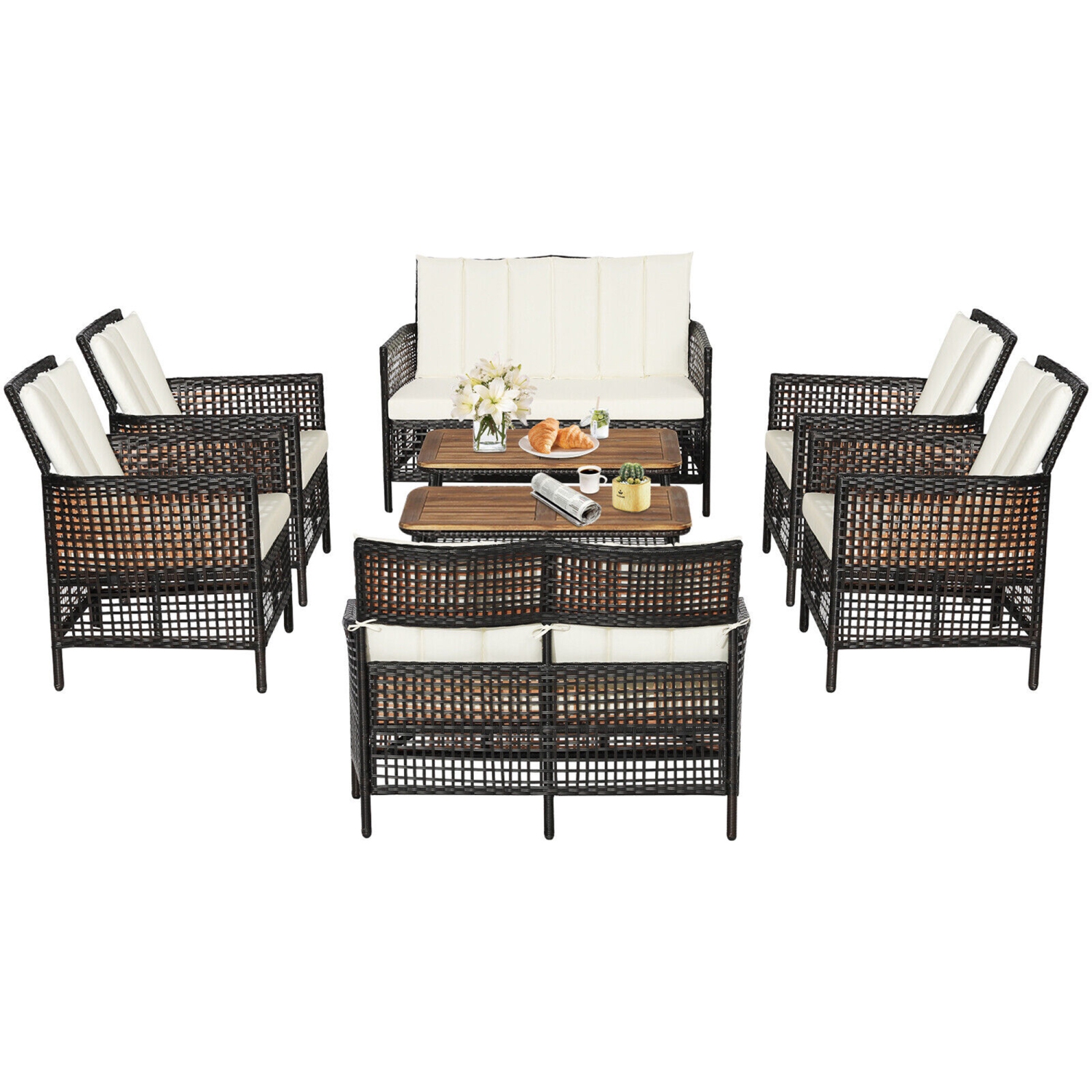 Gymax 8PCS Cushioned Patio PE Wicker Conversation Furniture Set w/ Acacia Wood Tabletop
