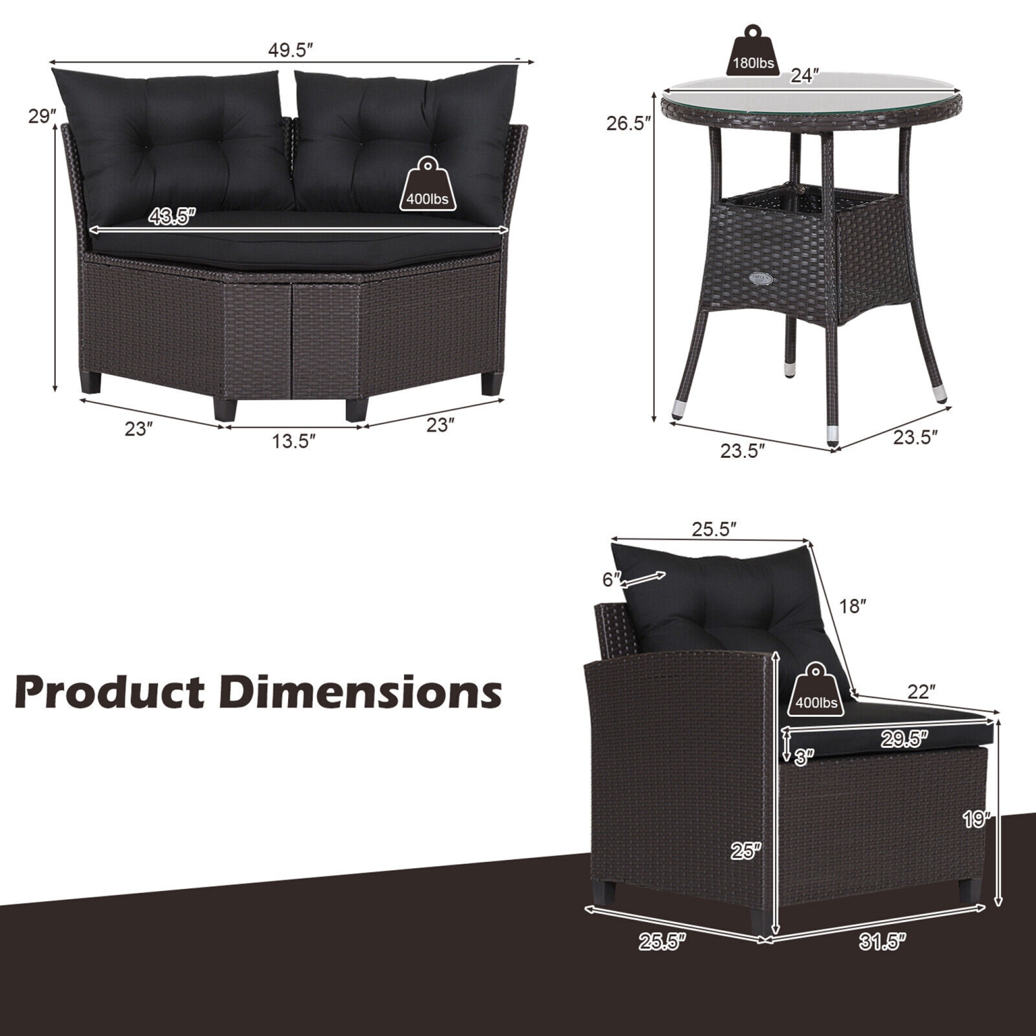 Gymax 4PCS Wicker Patio Sofa Set Rattan Outdoor Furniture Set w/ Black Cushions