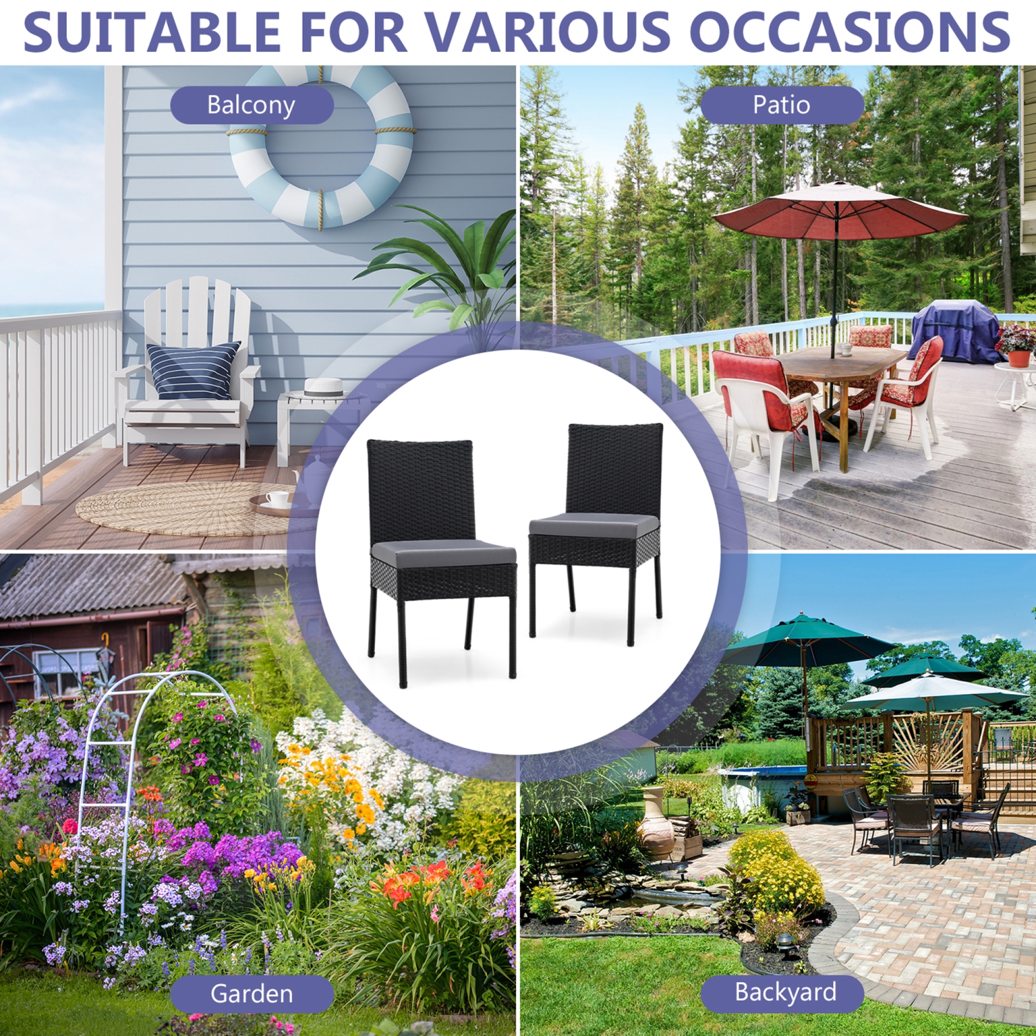 Gymax 4PCS PE Wicker Patio Dining Chairs Outdoor Rattan Chair Set w/ Cushions