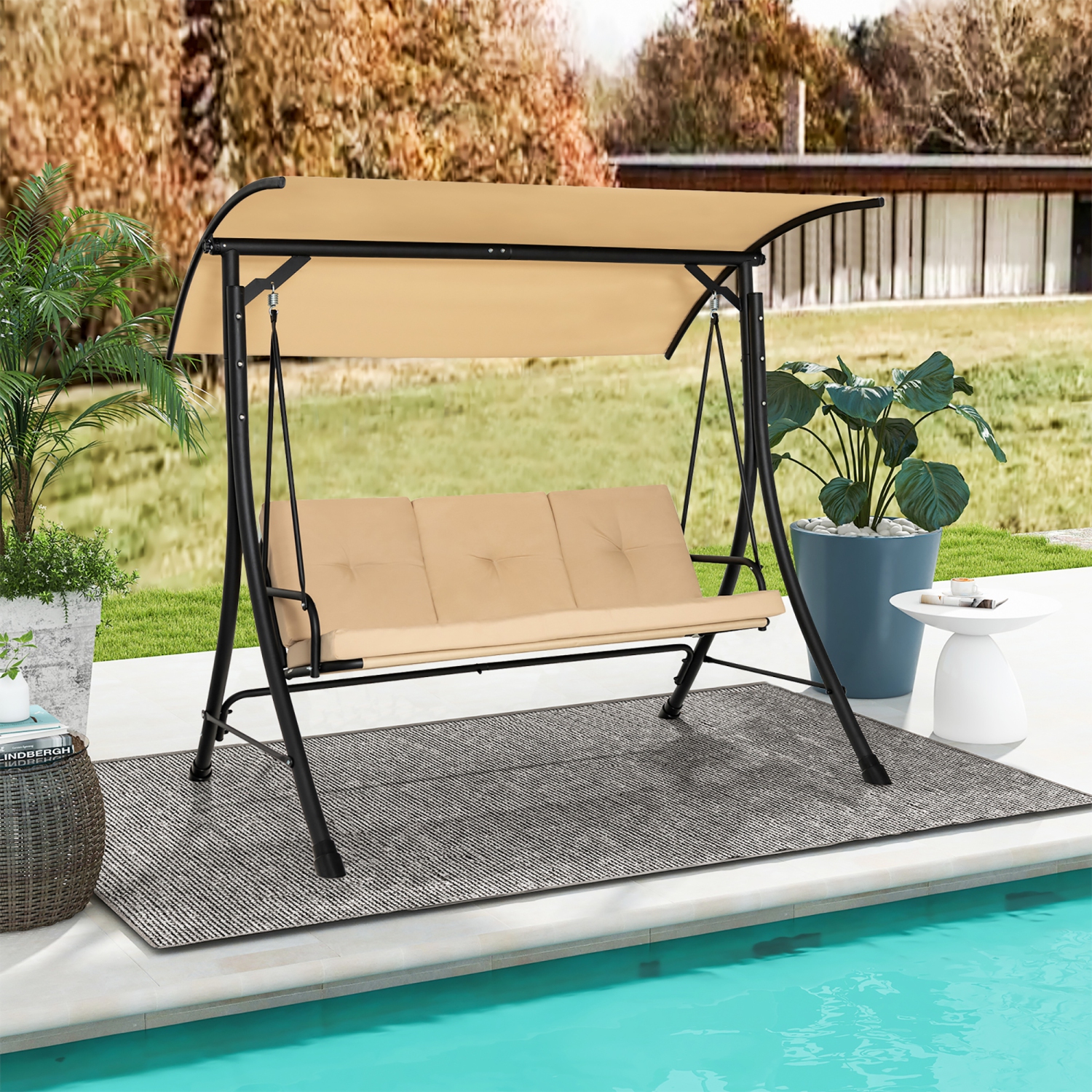 Gymax 3 Person Patio Porch Swing Outdoor Swing Chair w/ Cushions & Adjustable Canopy