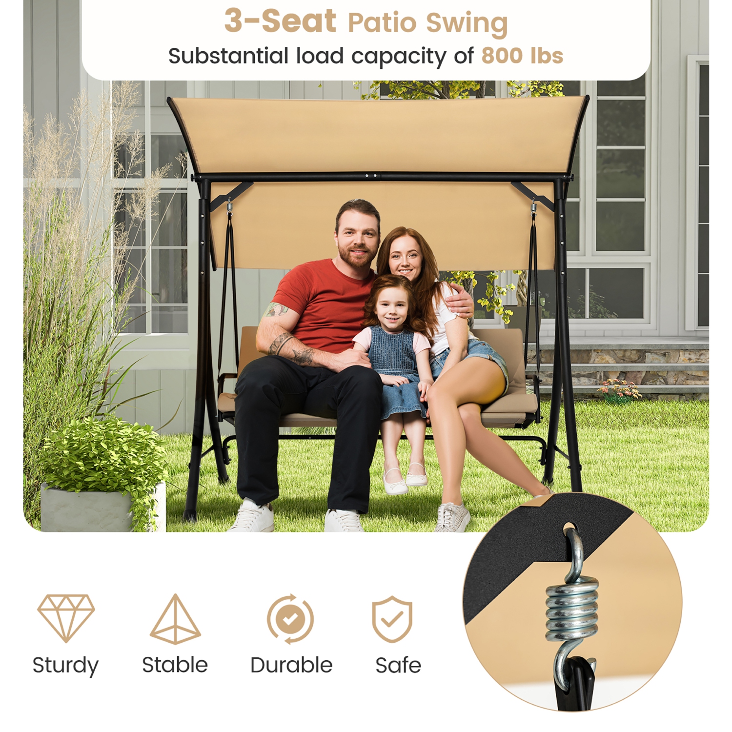 Gymax 3 Person Patio Porch Swing Outdoor Swing Chair w/ Cushions & Adjustable Canopy