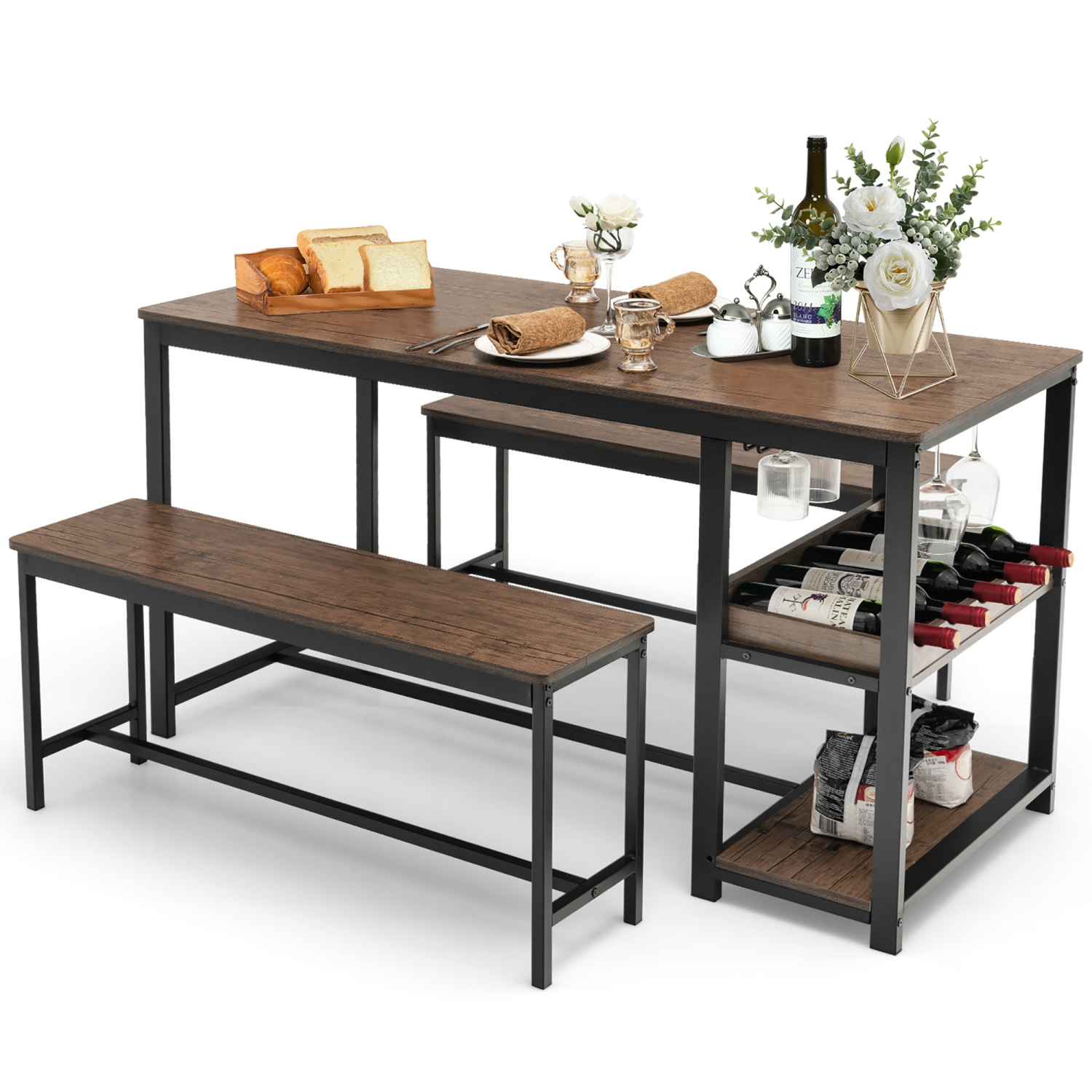 Gymax 3PCS Rustic Kitchen Dining Set Includes Storage Rack w/ Rectangular Table & 2 Benches