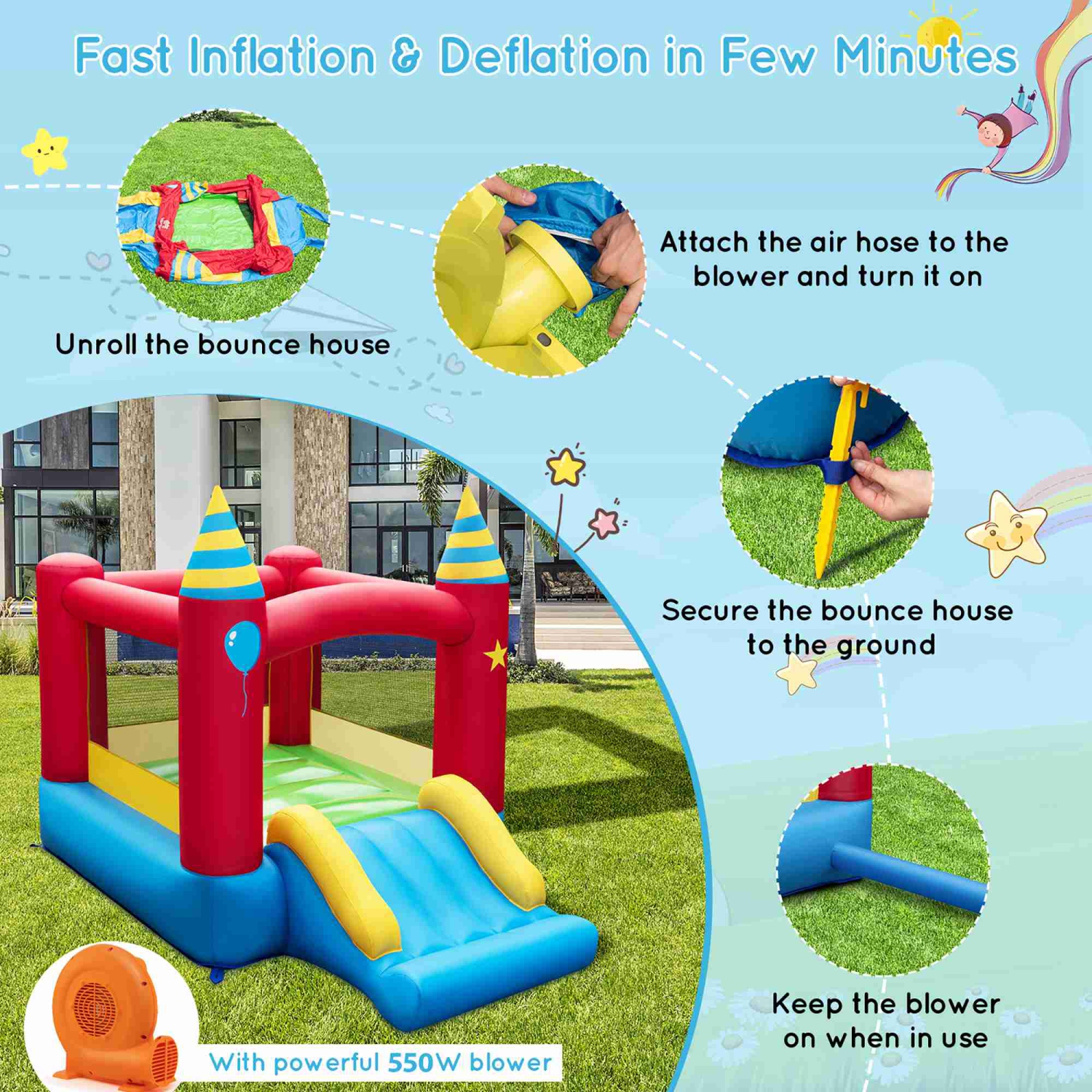 Costway Inflatable Bounce Castle Kids Jumping Bouncer Indoor Outdoor with 550W Blower