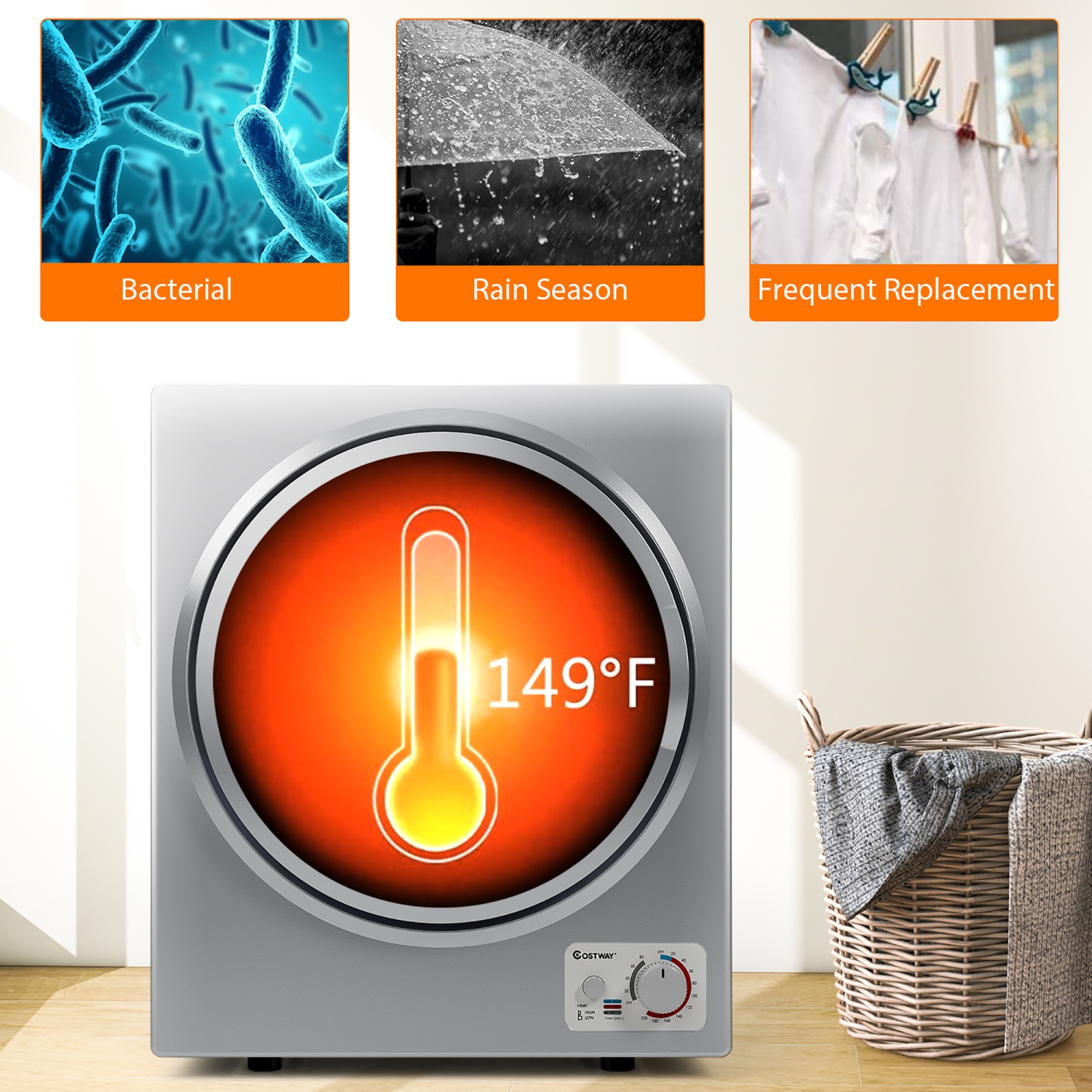 Costway Electric Tumble Compact Laundry Dryer Stainless Steel Wall Mounted 1.5 cu .ft.