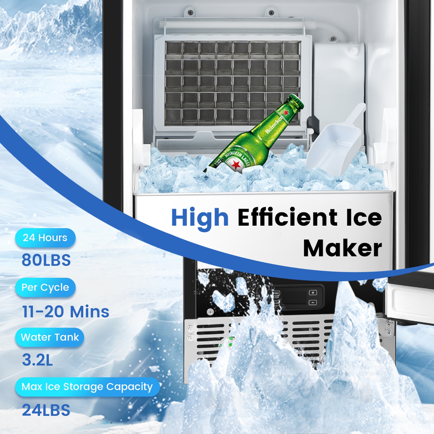 Costway Ice Maker Free-Standing/Under Counter Machine 80lbs/Day with External Drain Pump