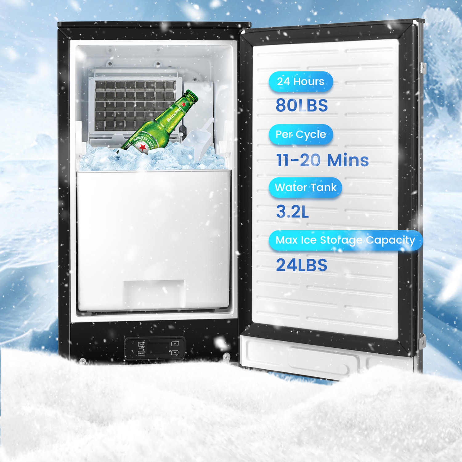 Costway Ice Maker Free-Standing/Under Counter Machine 80lbs/Day with External Drain Pump