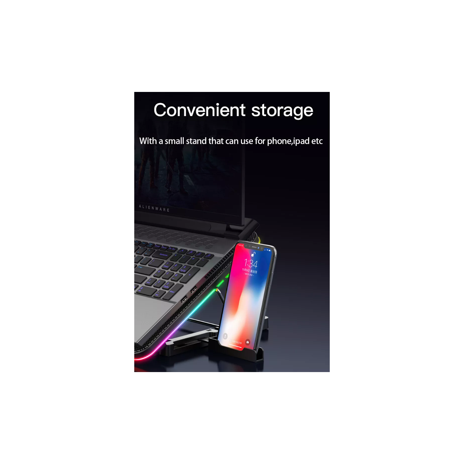 Gaming Laptop Cooling Pad 6 Quiet RGB Fans, Adjustable Stand for 7"-16" Laptops, USB Powered Portable Cooler with 7 Height Levels & Non-Slip Design