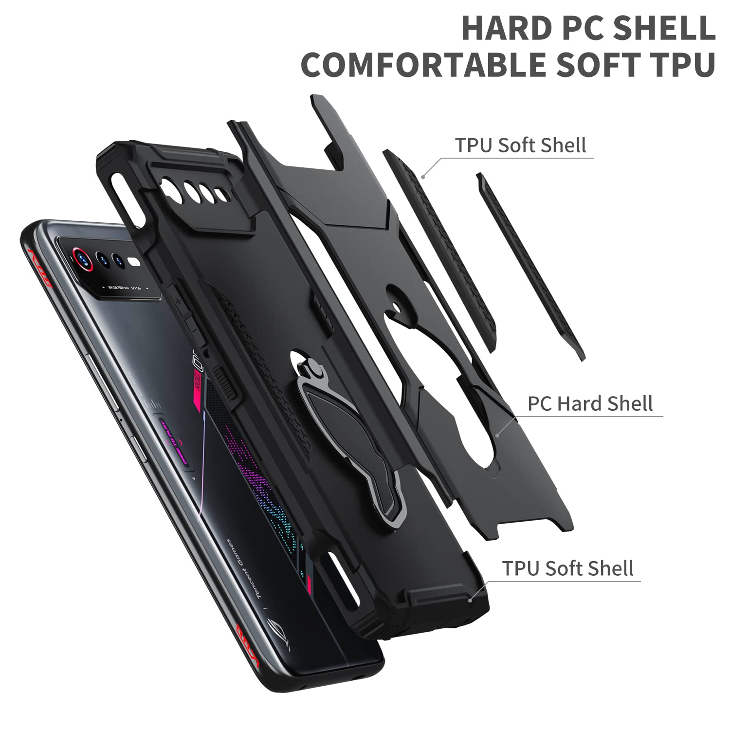 Étui Armor pour ROG Phone 6/6 Pro/6D/6D Ultimate/6 bat-Man Edition avec béquille et protecteur d’appareil photo, étui robuste antichoc 360° avec